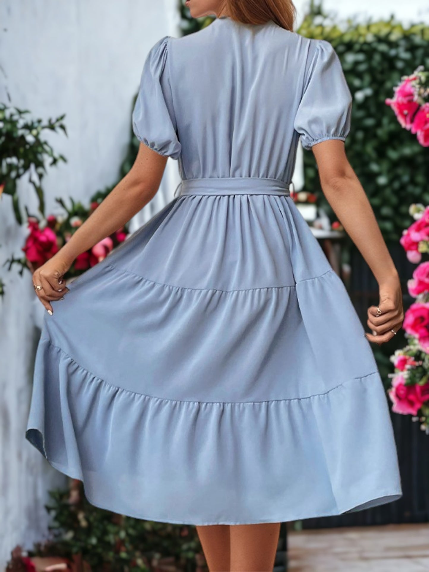 Tie Waisted Puff Sleeved Ruffle Dress