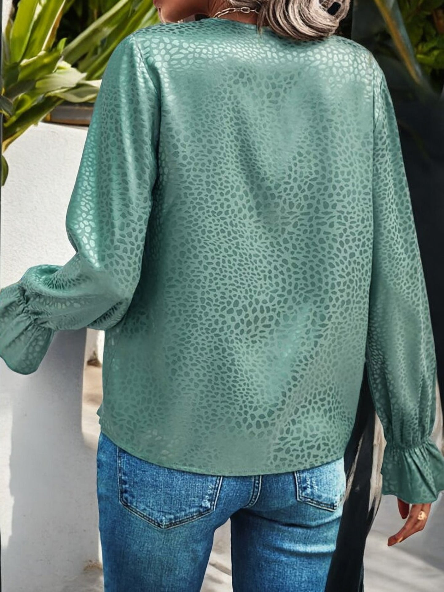 Anna-Kaci Women's Long Sleeve V-Neck Blouse with Leopard Print and Lace Trim