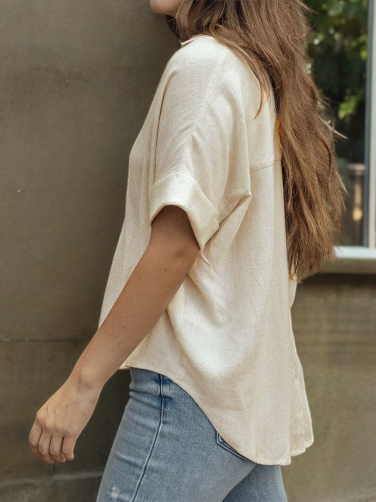Short Sleeve V-Neck Blouse with Rolled Cuffs and Relaxed Fit