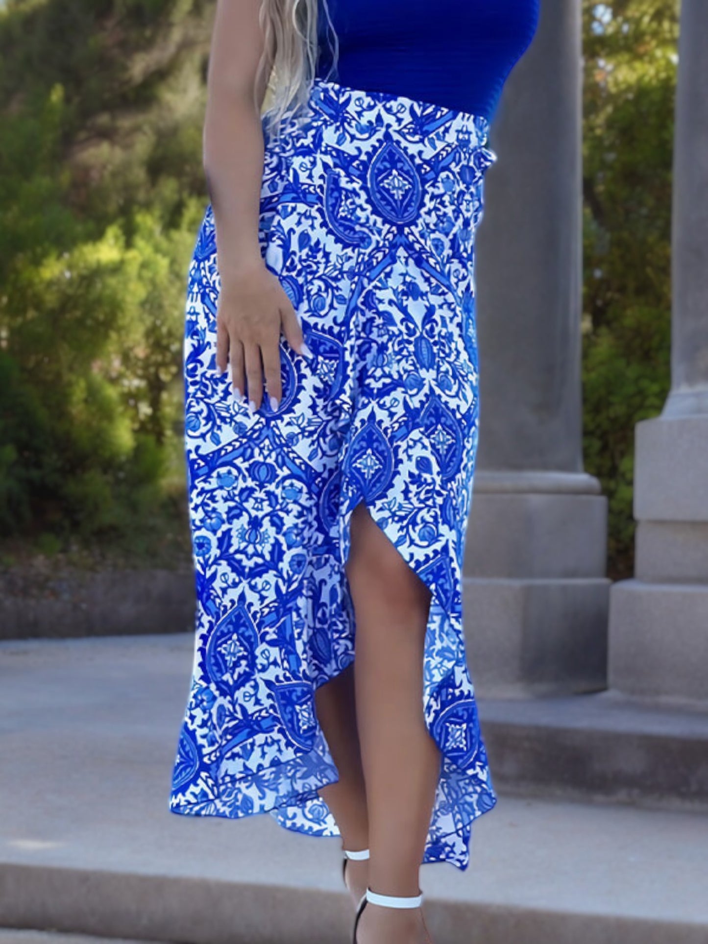 High-Waisted Wrap Maxi Skirt with Floral Print and Side Slit