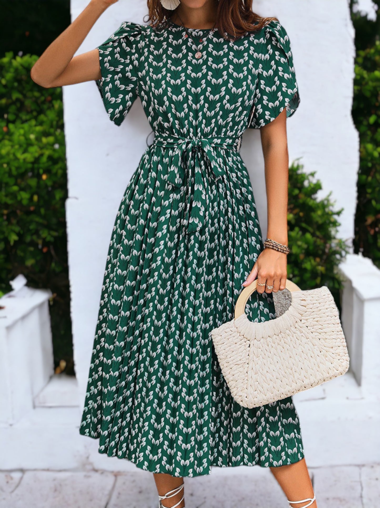 Floral Printed Waist Tied Tulip Sleeved Long Pleated Midi Dress
