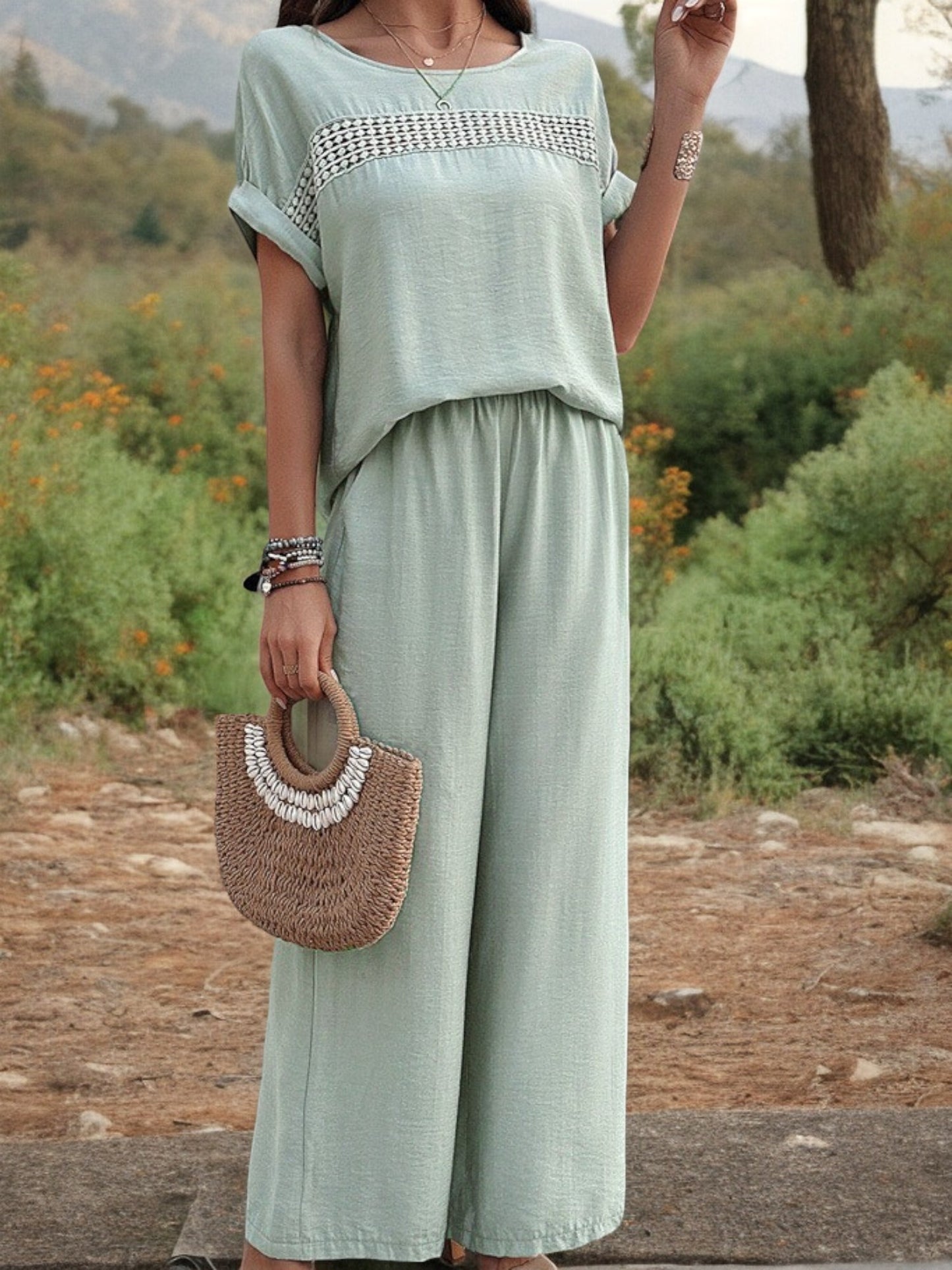 Conjunto de dos piezas para mujer Anna-Kaci con top con detalle bordado y pantalones de pierna ancha