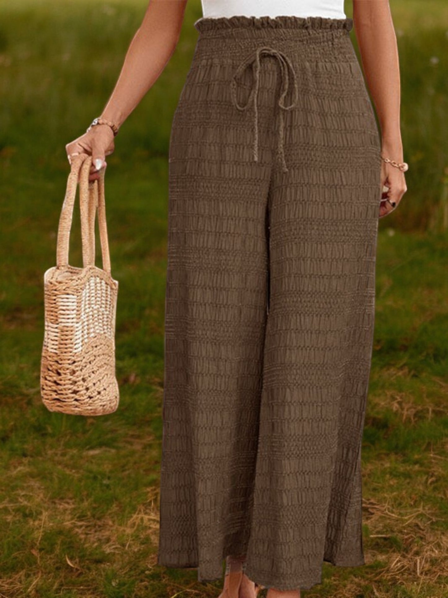 Pantalones casuales de pierna ancha y cintura alta con frunces para mujer de Anna-Kaci
