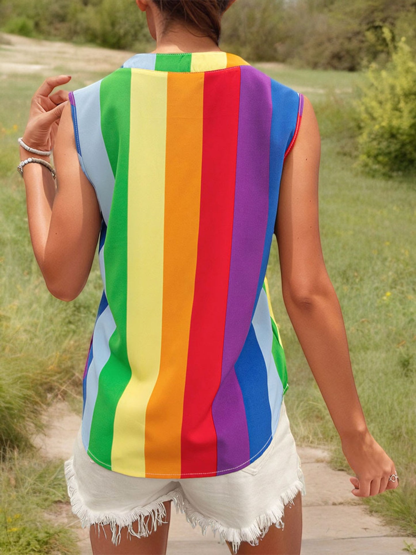 Sleeveless Striped V-Neck Blouse with Bold Color Blocking