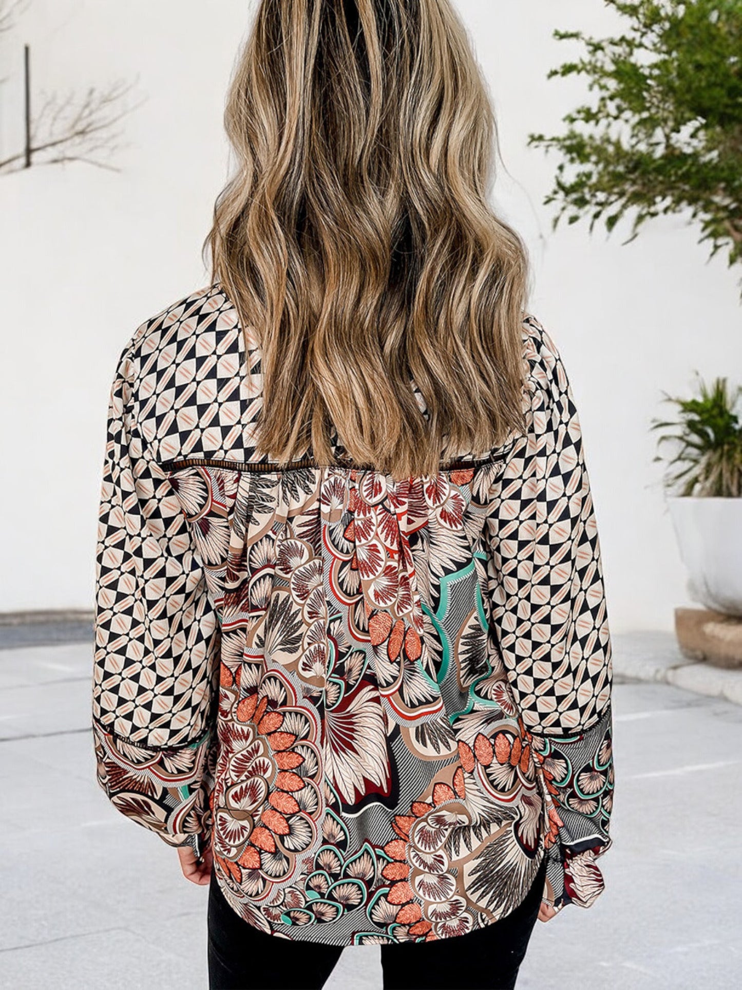 Anna-Kaci Women's Long Sleeve Bohemian Patchwork Print Blouse