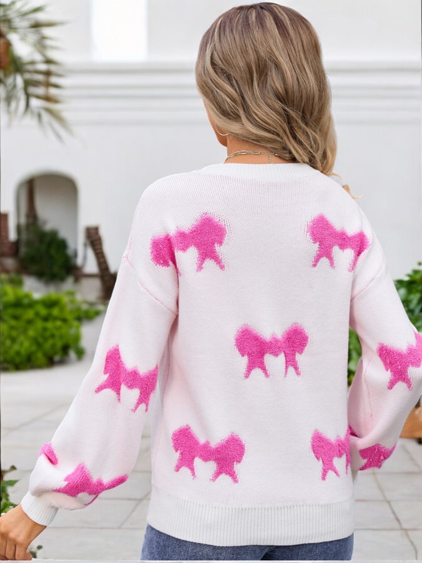 Suéter de cuello redondo y manga larga para mujer de Anna-Kaci con estampado de lazo rojo