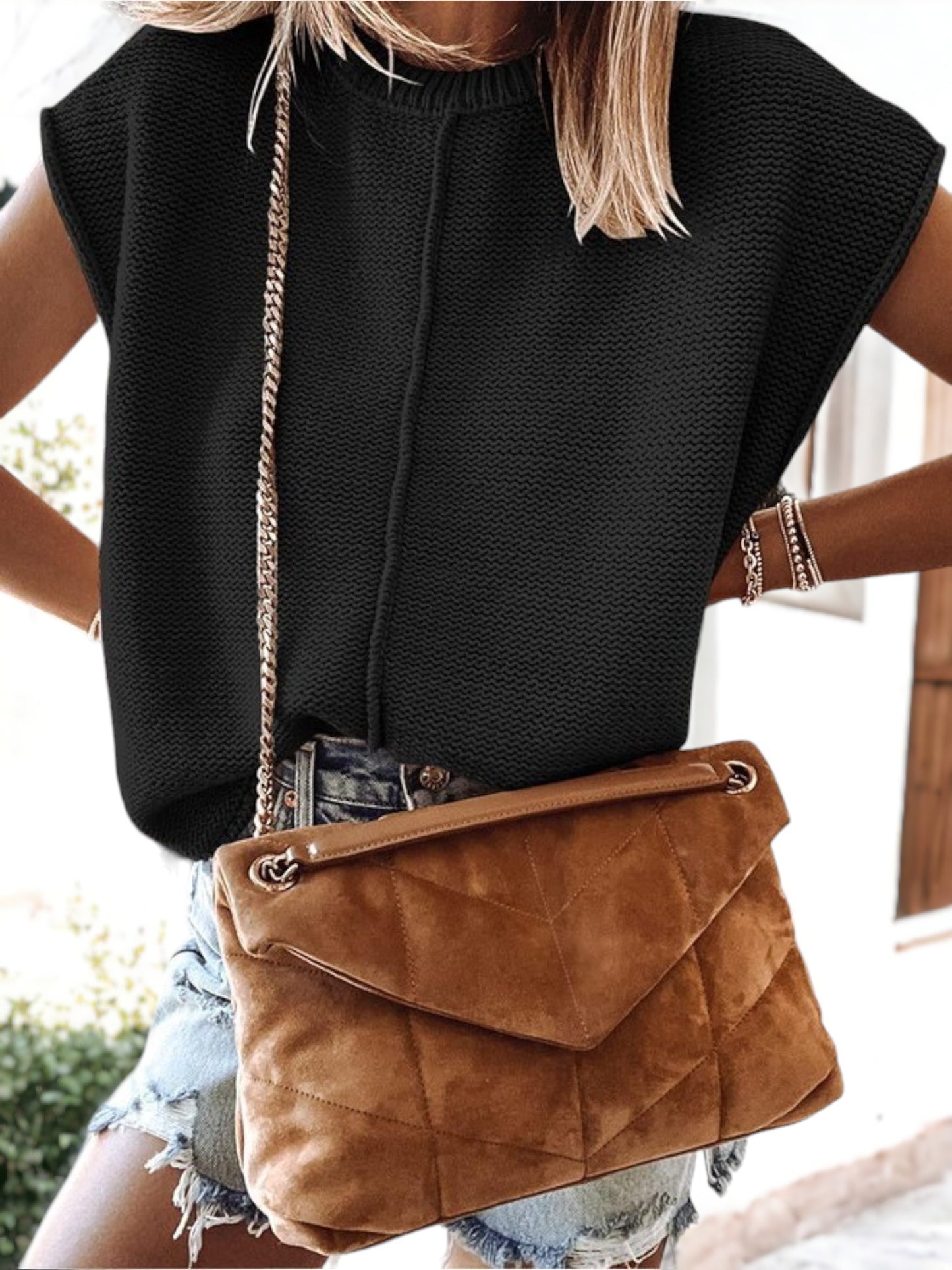 Chaleco tipo suéter de punto sin mangas con cuello redondo