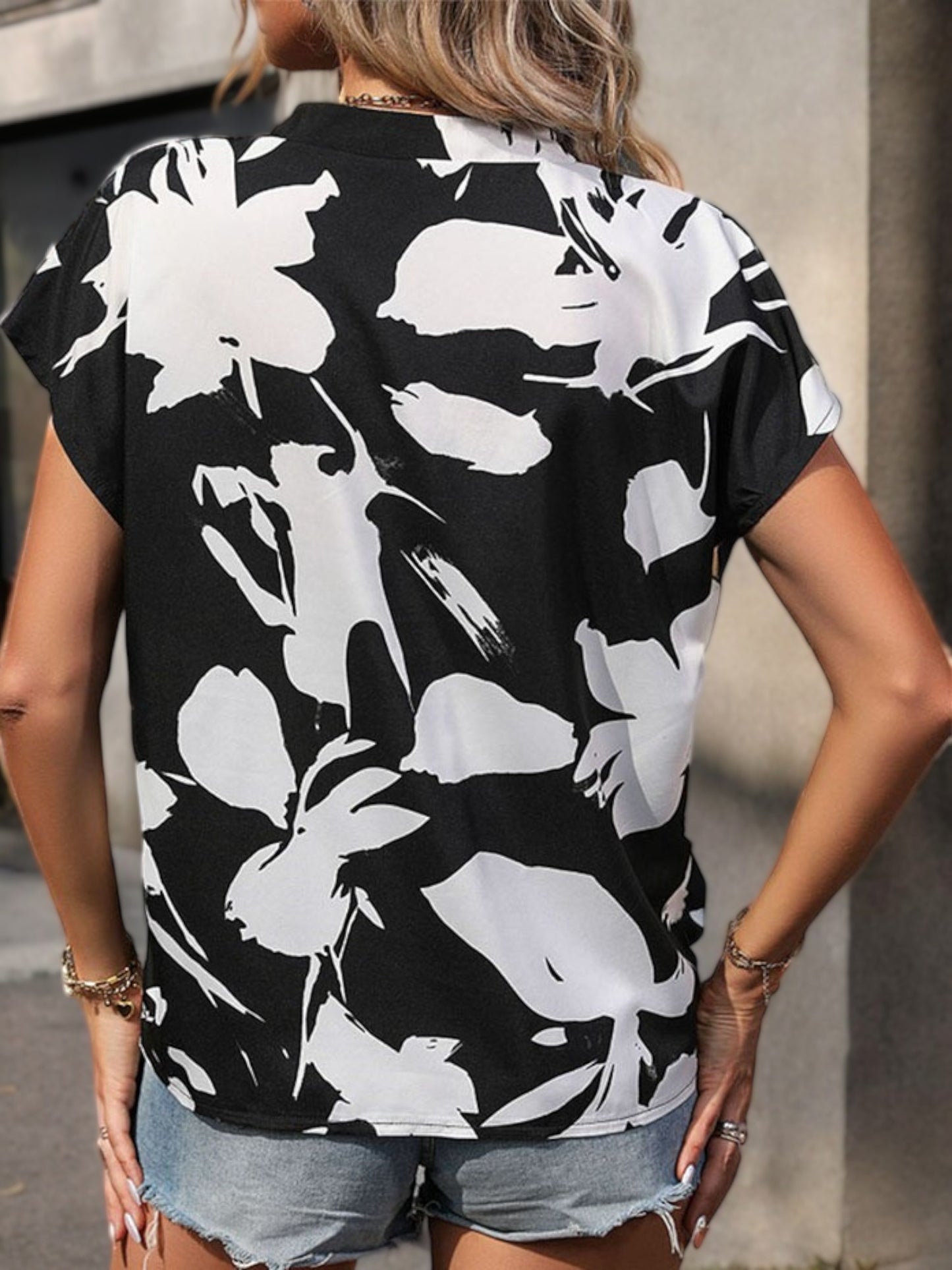 Anna-Kaci Women's Short Sleeve V-Neck Abstract Floral Print Casual Blouse