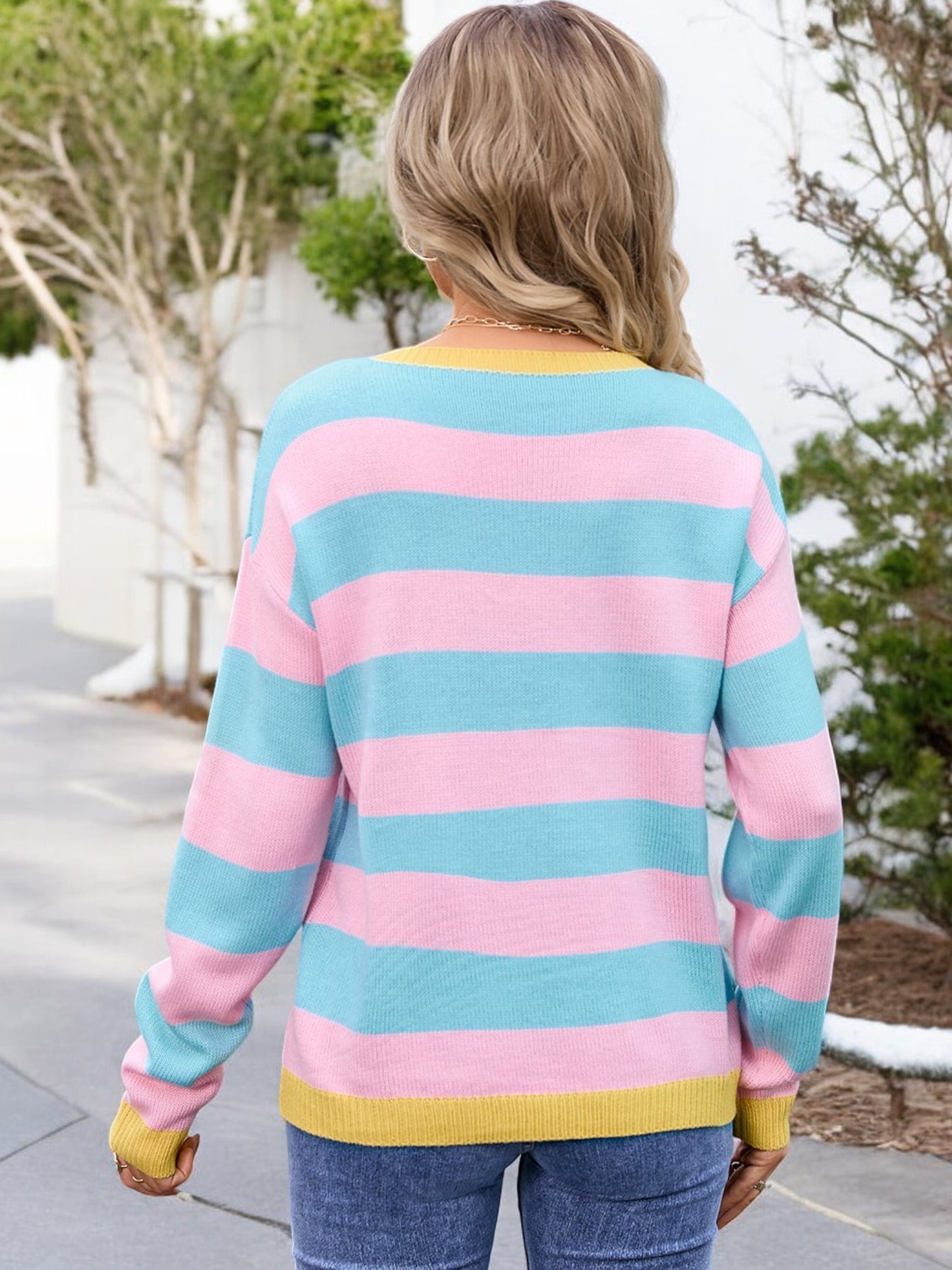 Anna-Kaci Women's Long Sleeve Striped Knit Sweater with Ribbed Cuffs and Hem
