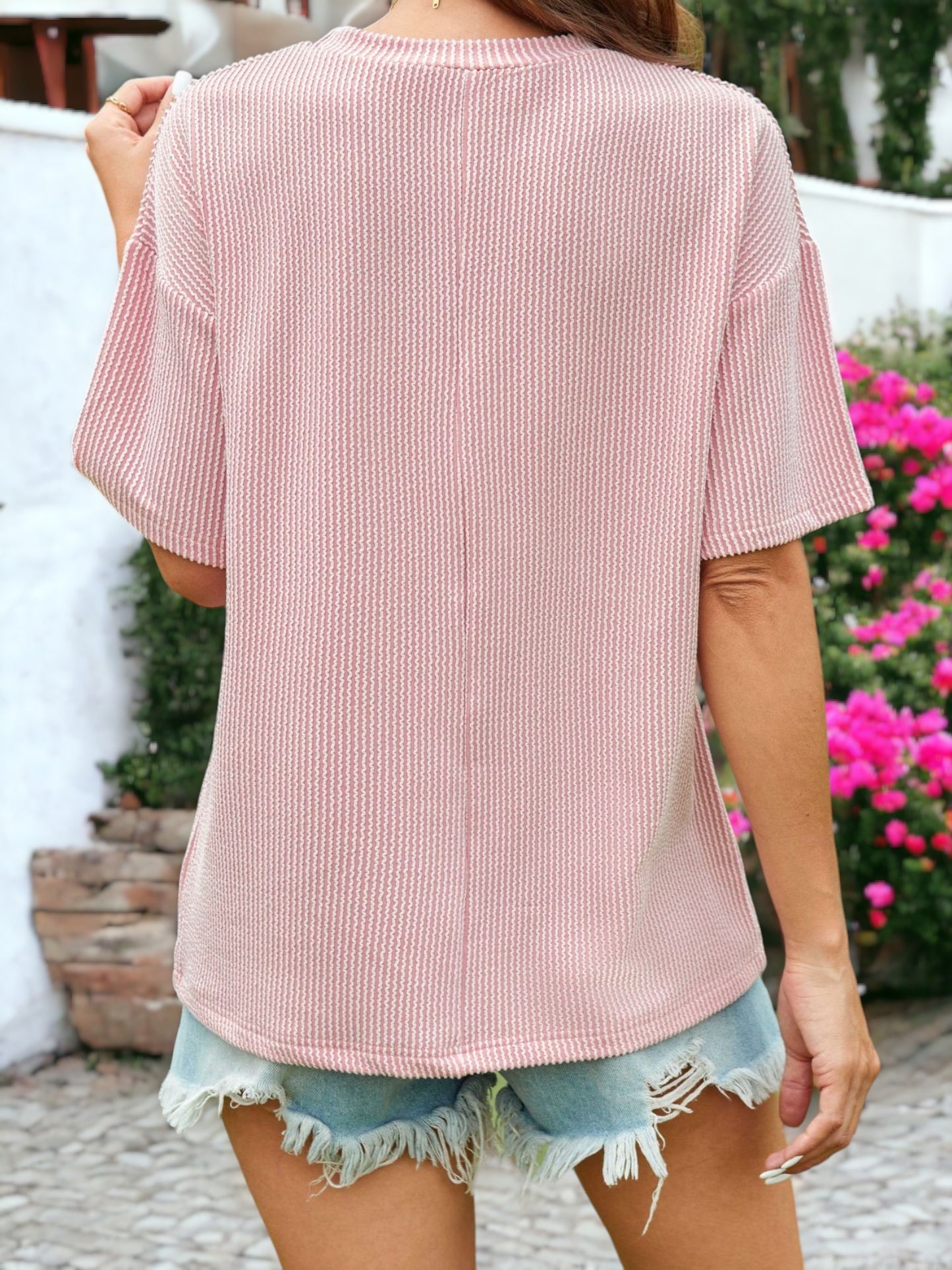 Rib Knit Textured Side Pocket Detailed T-Shirt Top