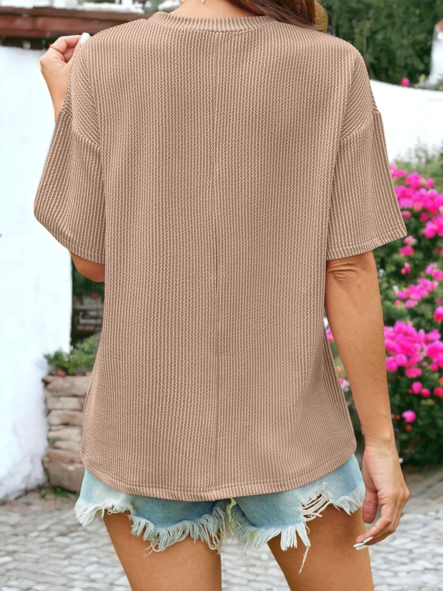 Rib Knit Textured Side Pocket Detailed T-Shirt Top
