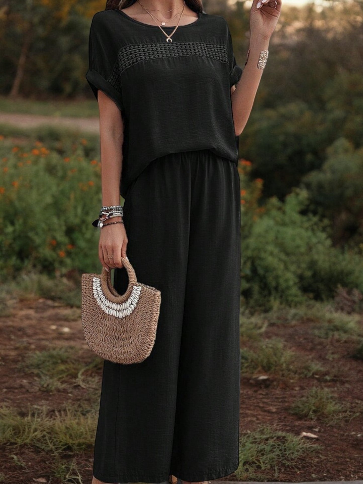 Conjunto de dos piezas para mujer Anna-Kaci con top con detalle bordado y pantalones de pierna ancha