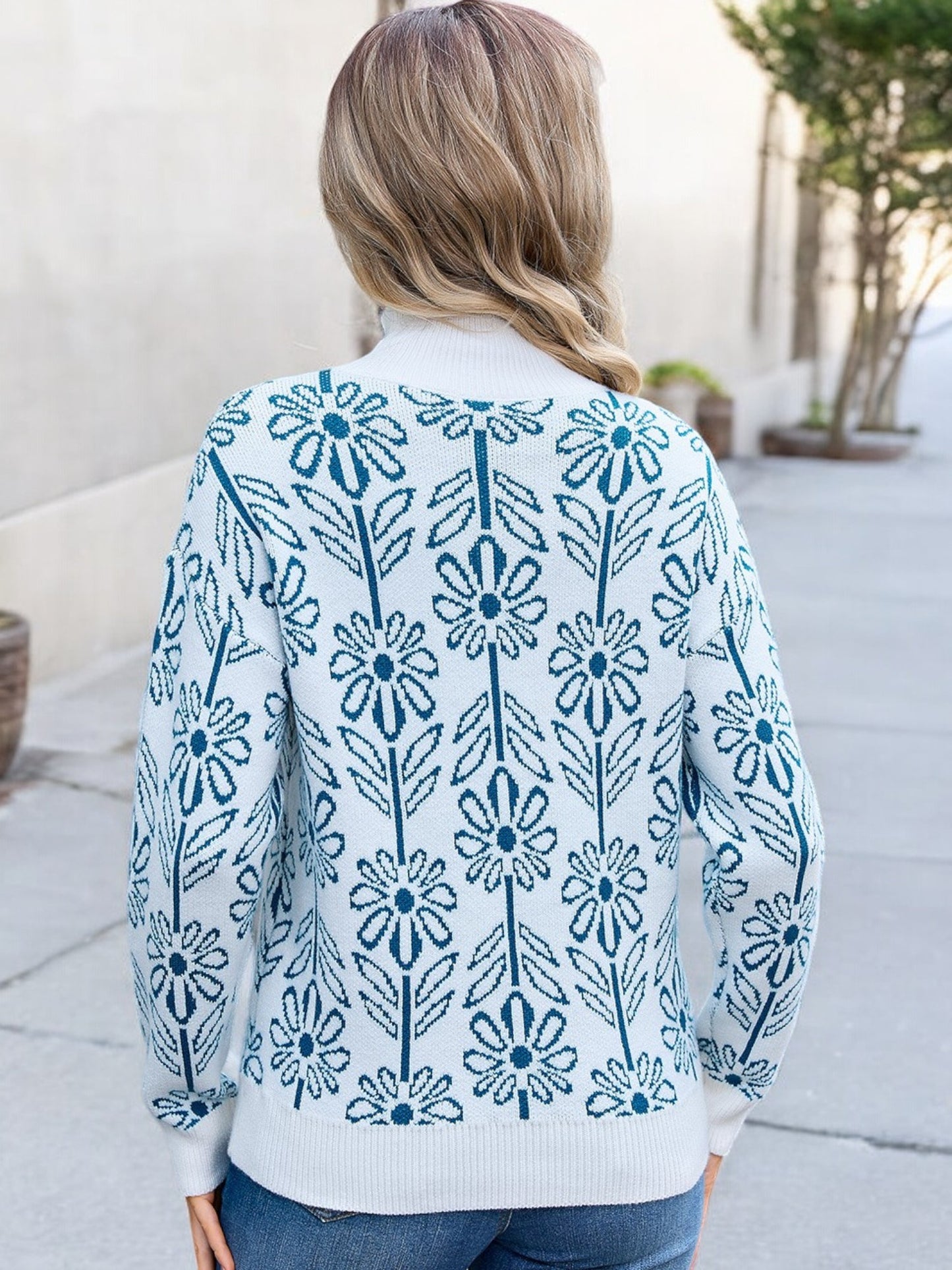 Anna-Kaci Women's Mock Neck Long Sleeve Floral Pattern Knit Sweater