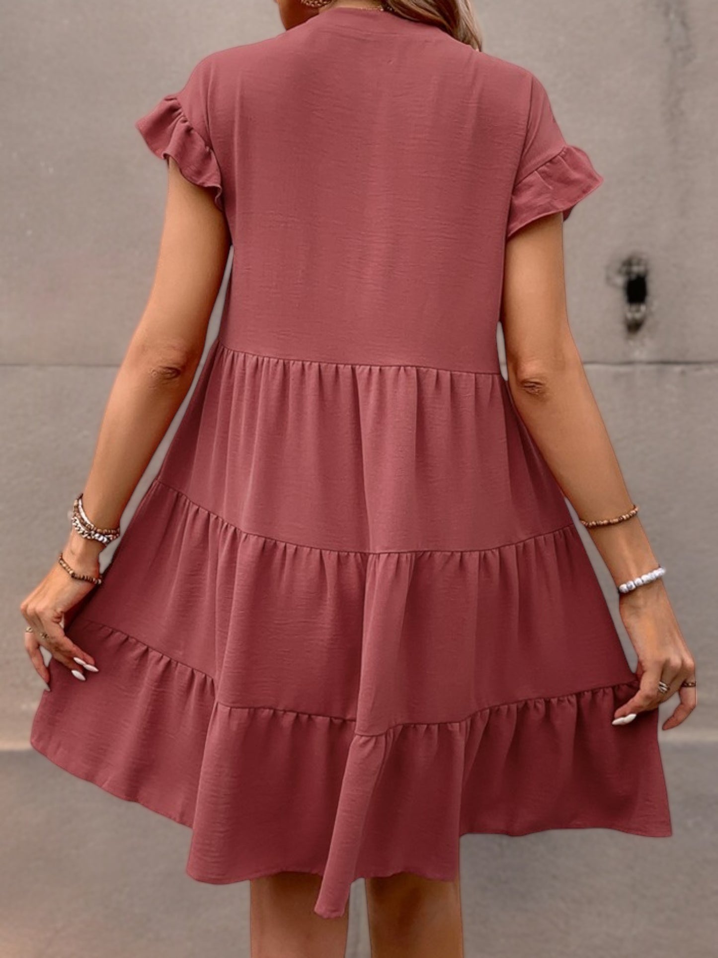 Short Sleeve Tiered Mini Dress with Button Front and Ruffle Detail