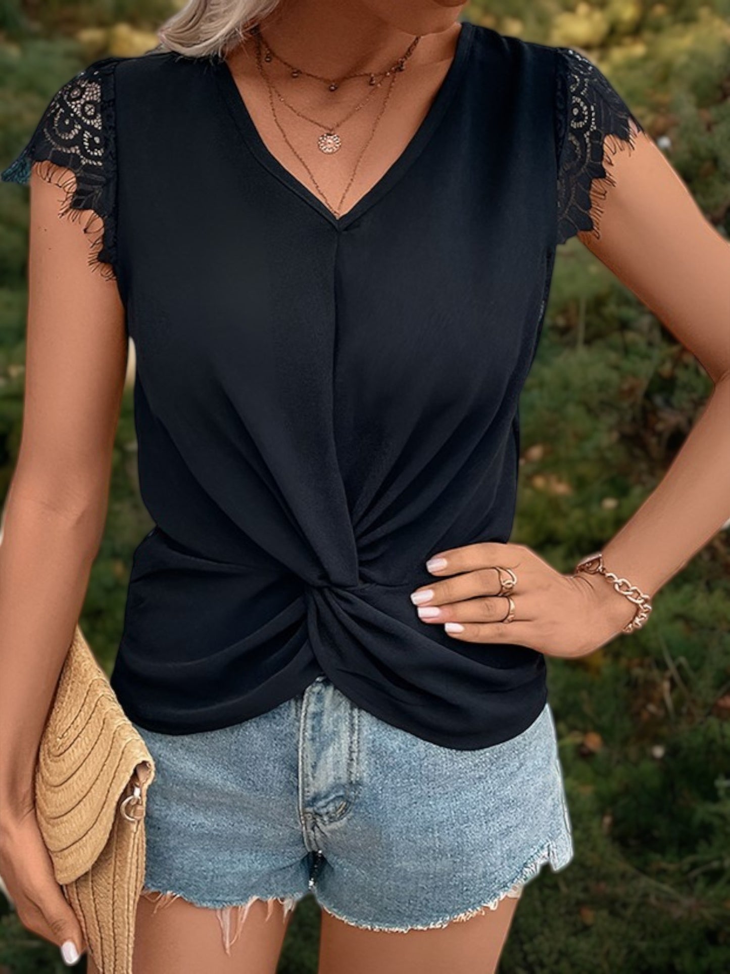 Sleeveless Twist Knot Top with Lace Cap Sleeves and V-Neck