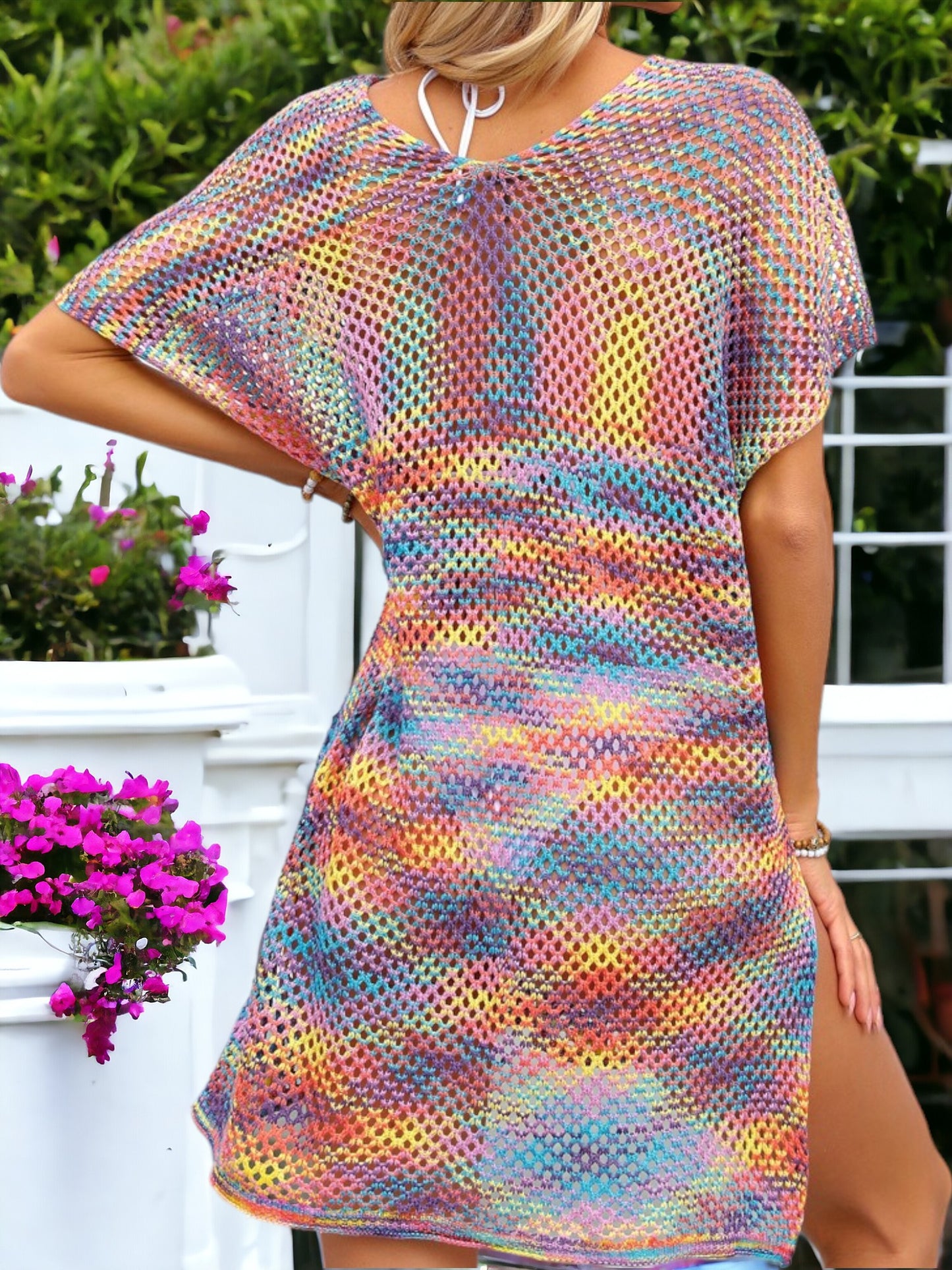 Loose Knitted Rainbow Mesh Beach Bikini Cover-Up