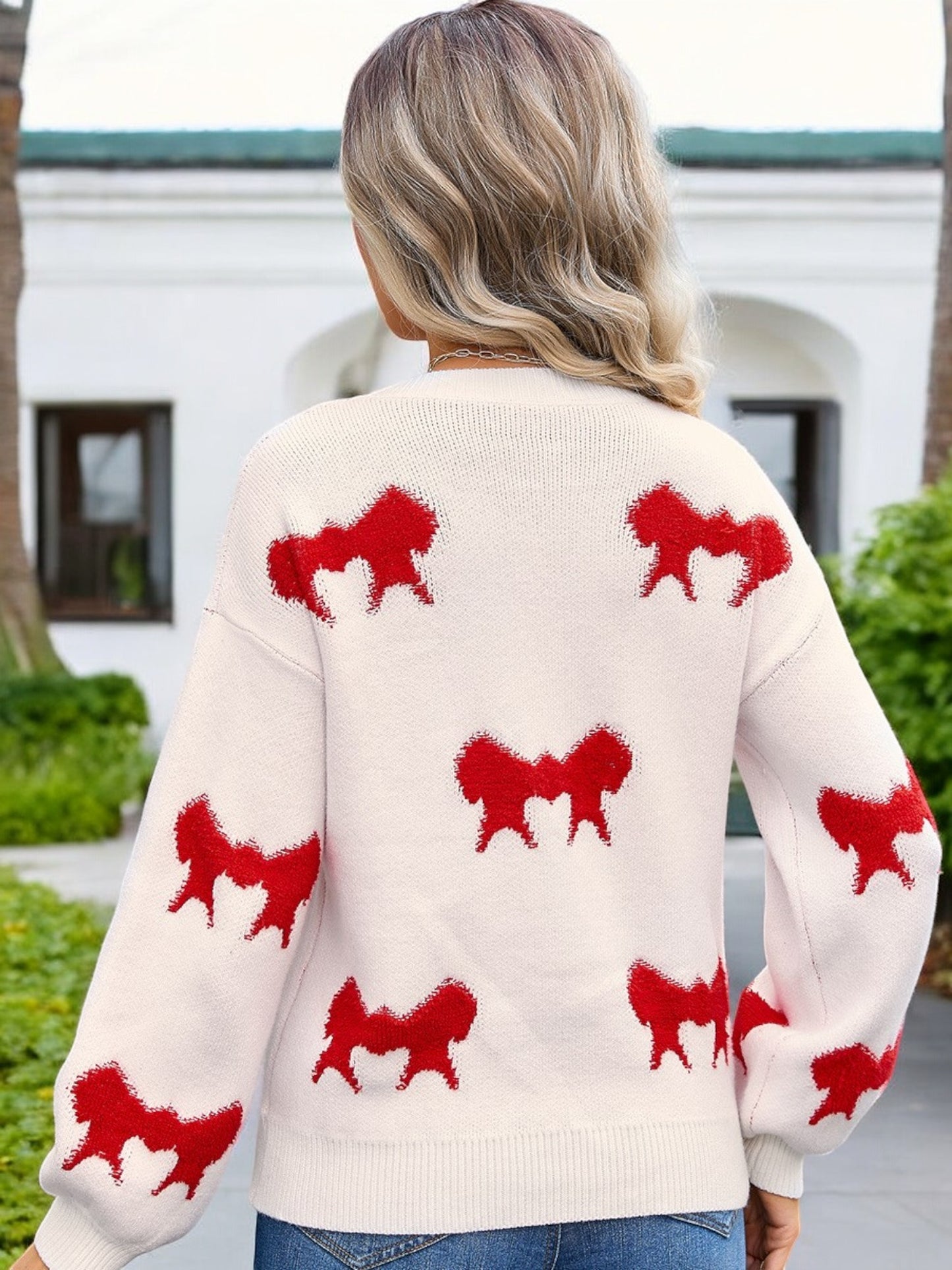 Anna-Kaci Women's Long Sleeve Crew Neck Sweater with Red Ribbon Pattern