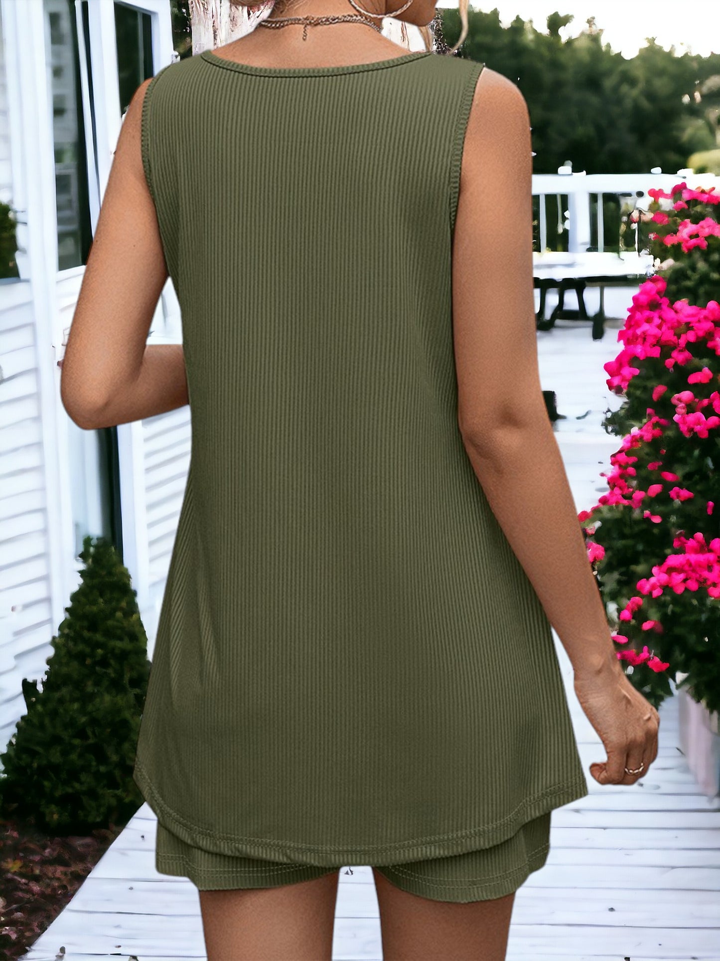 Women's Ribbed Tracksuit With Tank Top Vest And Drawstring Shorts