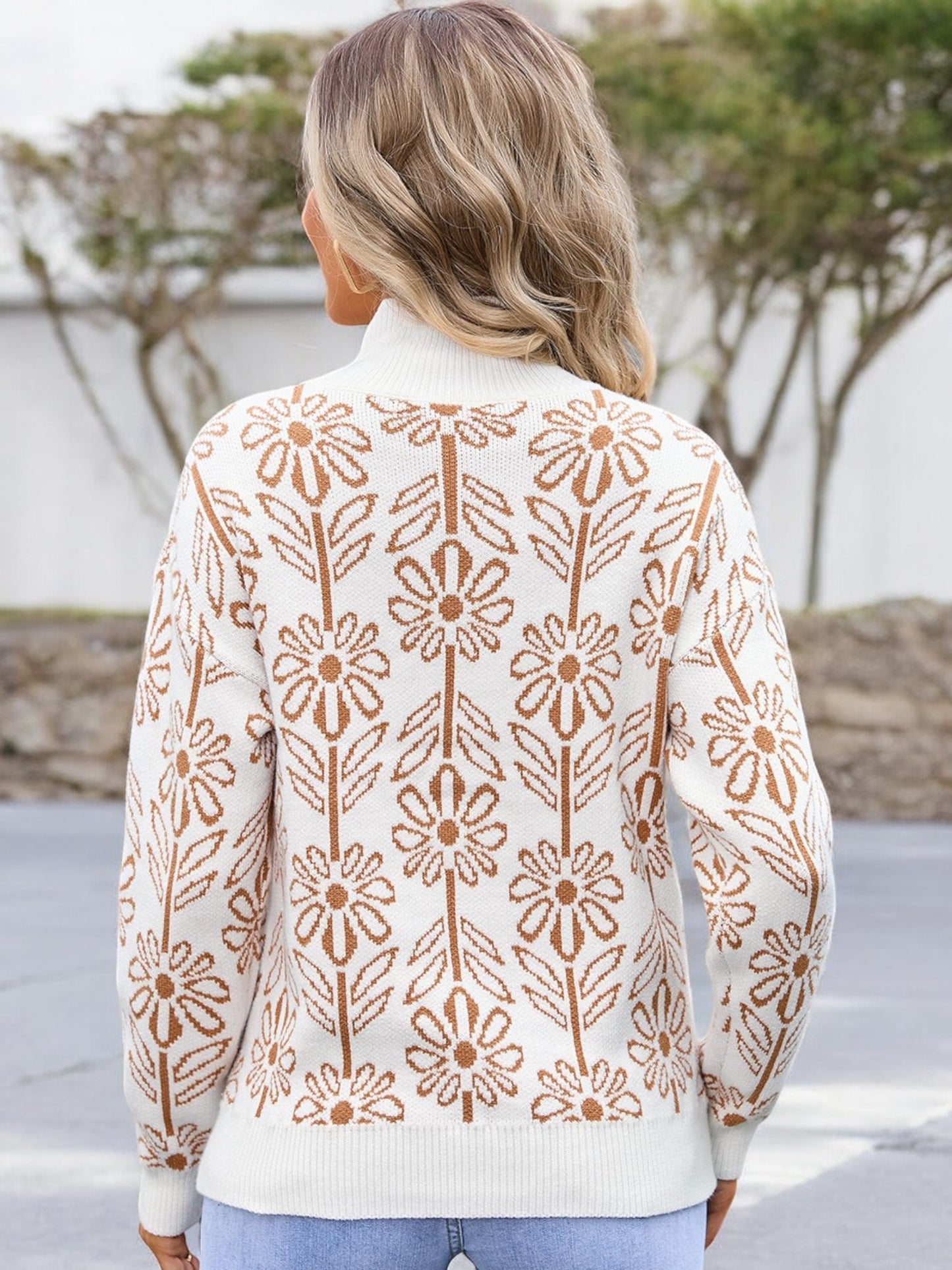 Anna-Kaci Women's Mock Neck Long Sleeve Floral Pattern Knit Sweater