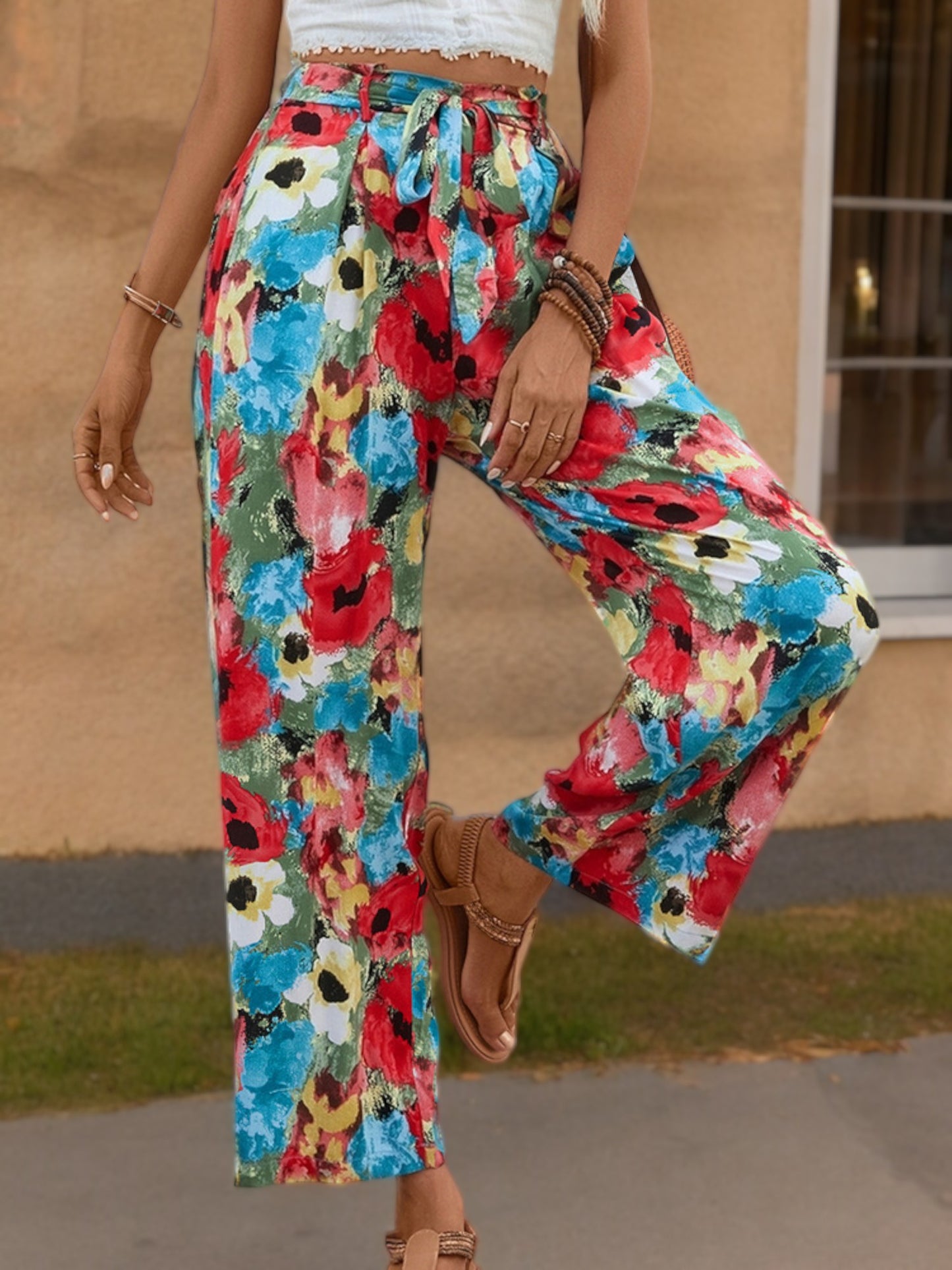 High-Waisted Wide Leg Pants with Floral Print and Tie Waist
