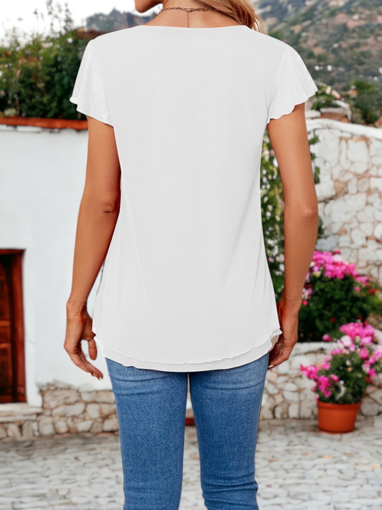V-Neck Flutter Sleeved Two Layer Mesh Detail Blouse