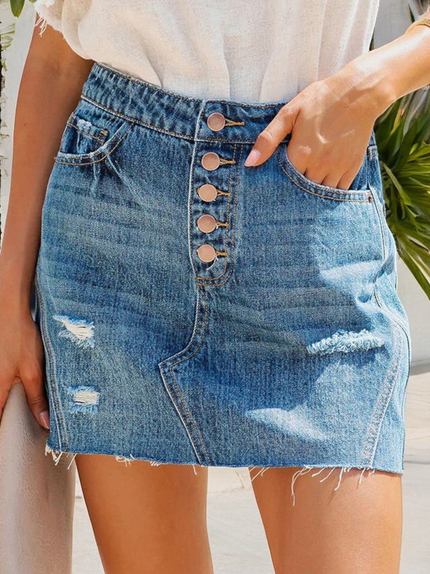 Anna-Kaci Women's Distressed Denim Skirt with Button Front and Frayed Hem