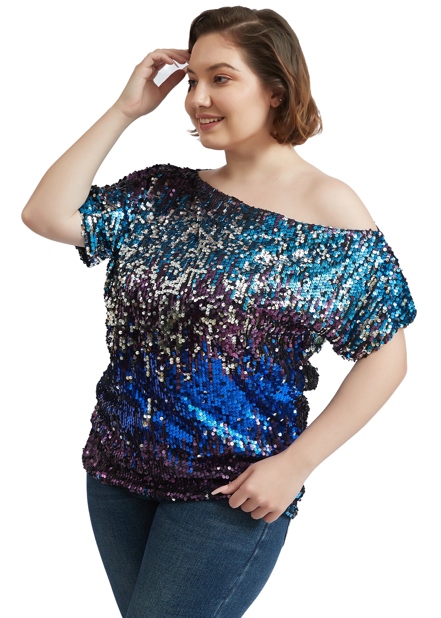 Plus Size One Shoulder Sequin Top