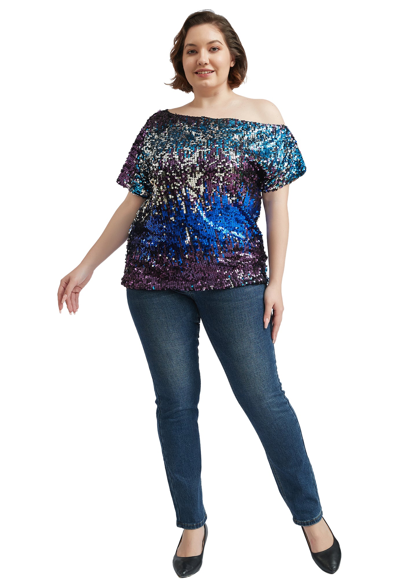 Plus Size One Shoulder Sequin Top