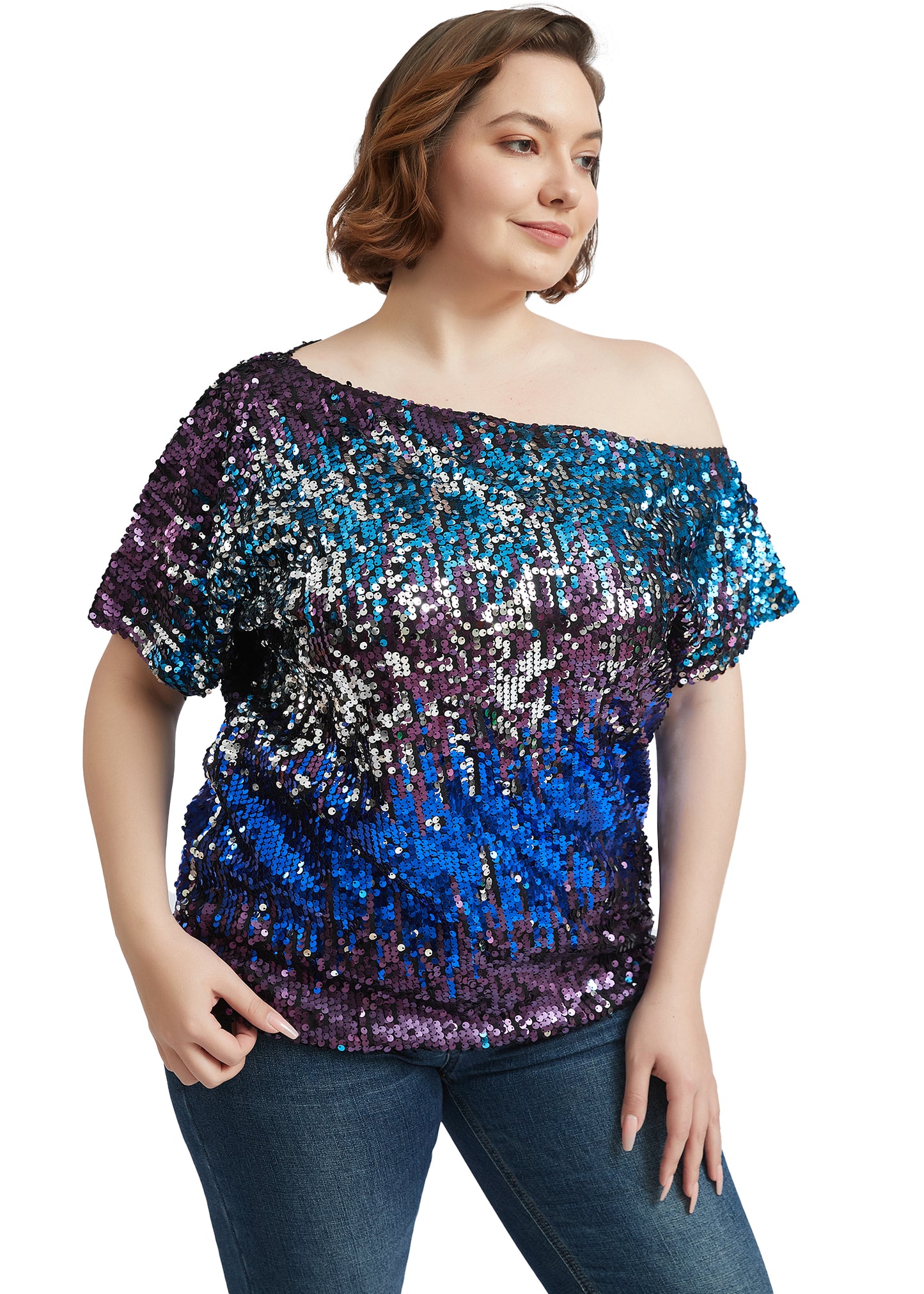 Plus Size One Shoulder Sequin Top