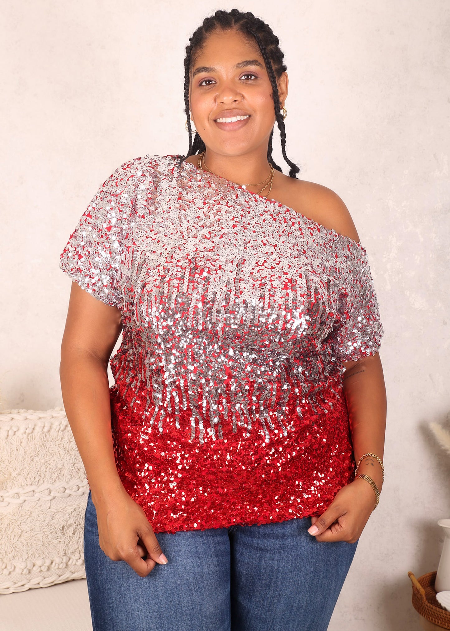 Plus Size One Shoulder Sequin Top