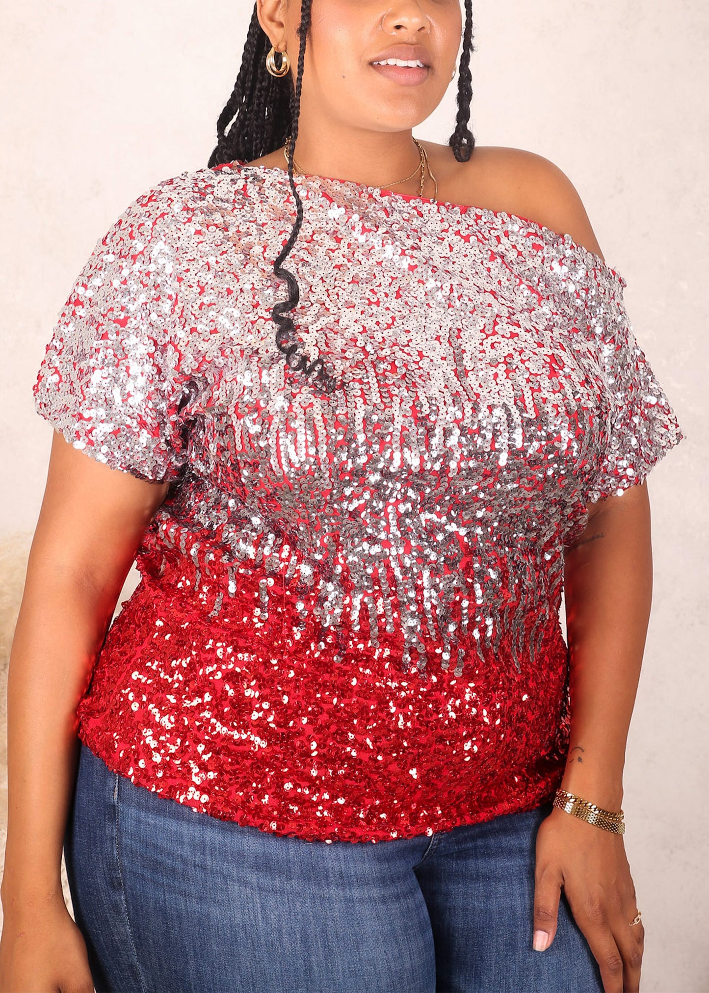 Plus Size One Shoulder Sequin Top