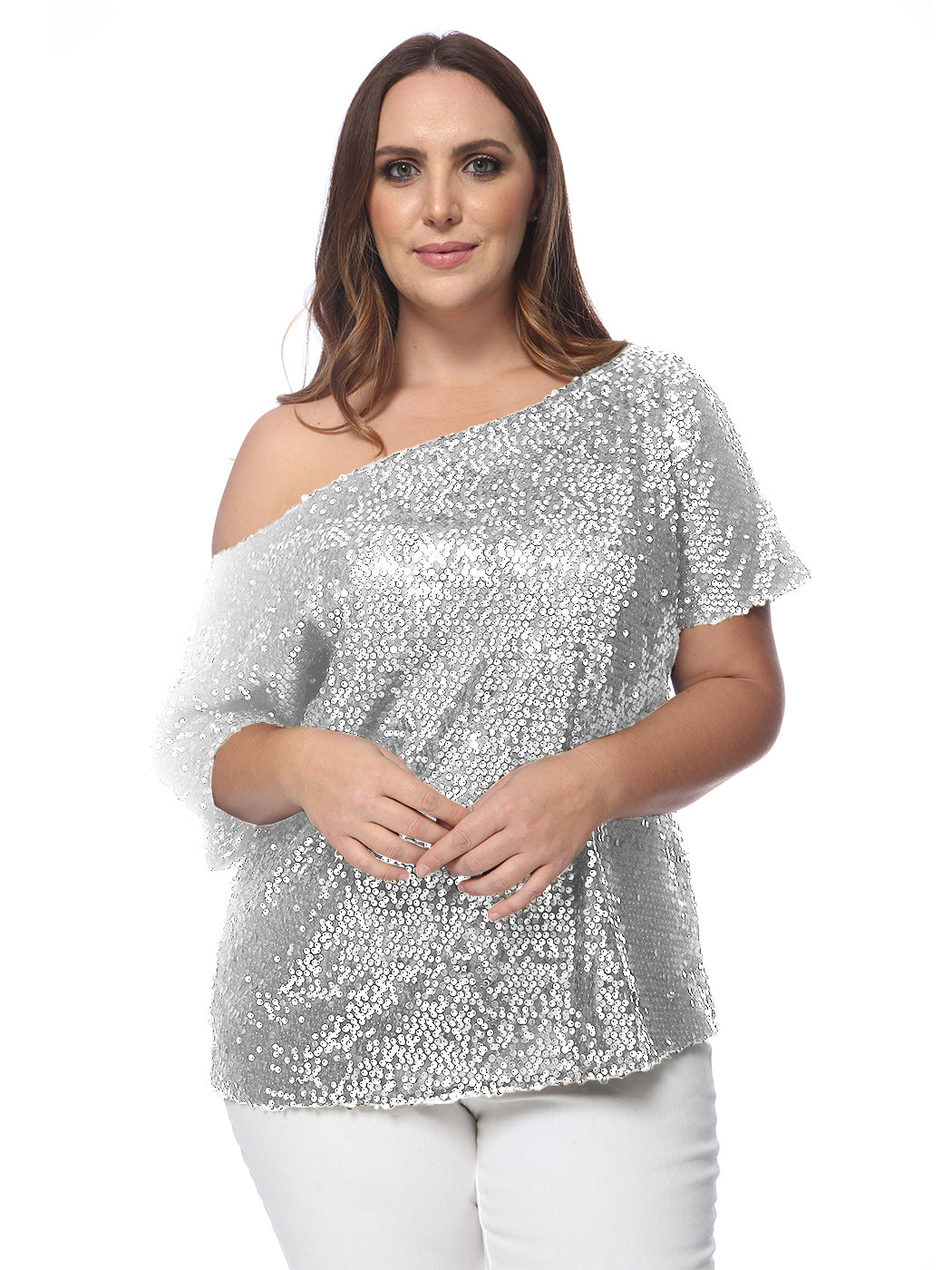 Plus Size One Shoulder Sequin Top