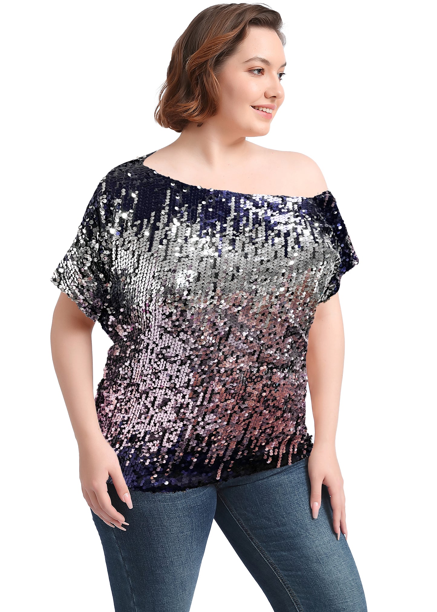 Plus Size One Shoulder Sequin Top