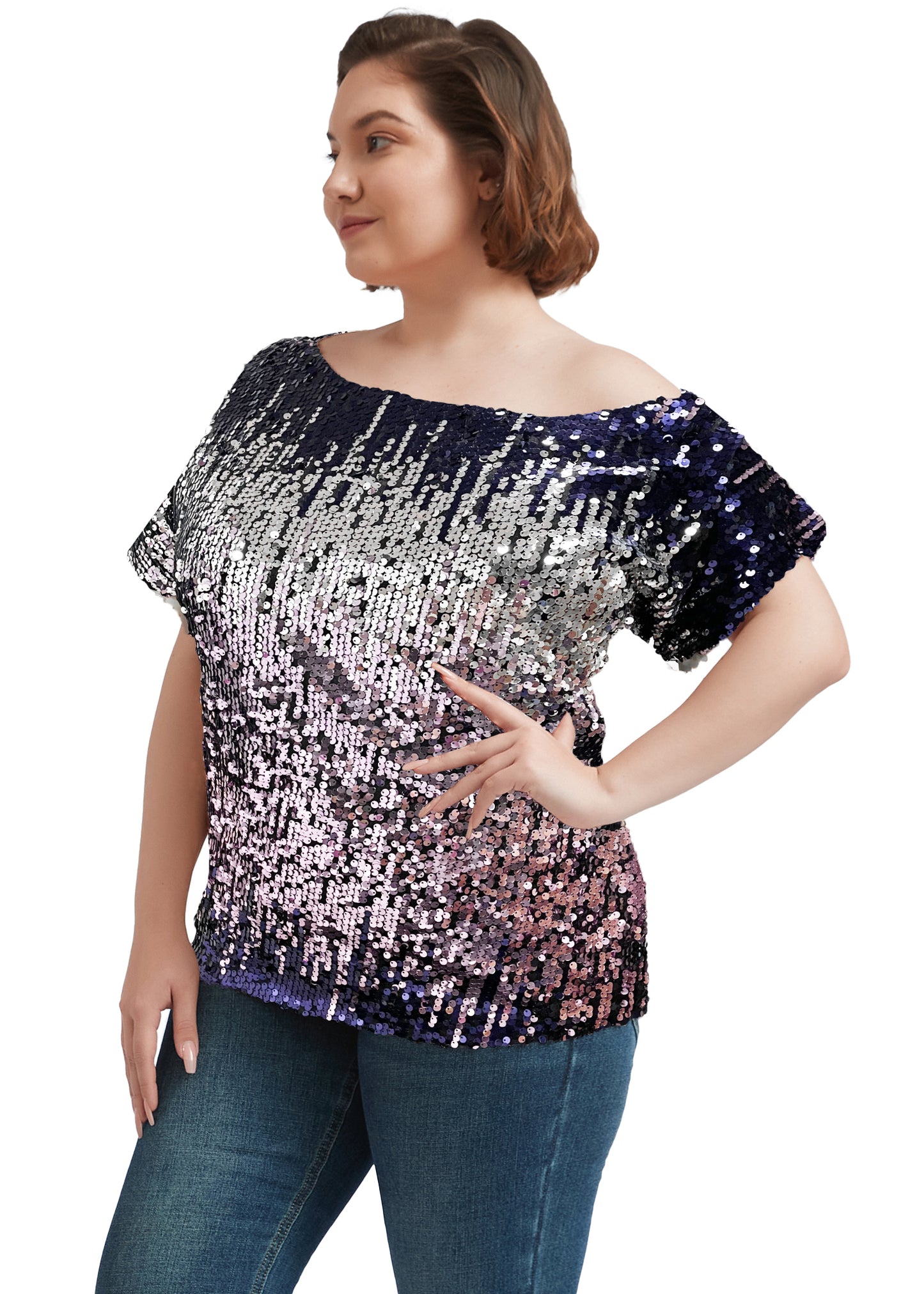 Plus Size One Shoulder Sequin Top