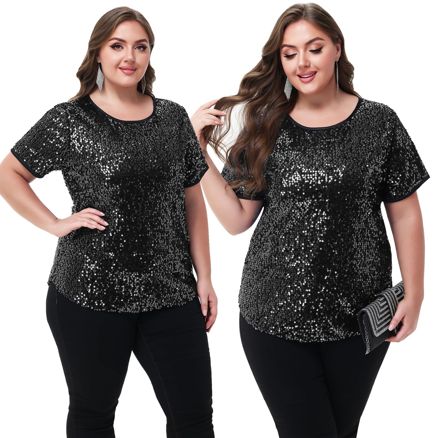Anna-Kaci Womens Sequin Tops Plus Size Round Neck Sparkle Glitter Short Sleeve Party Tunic Blouse