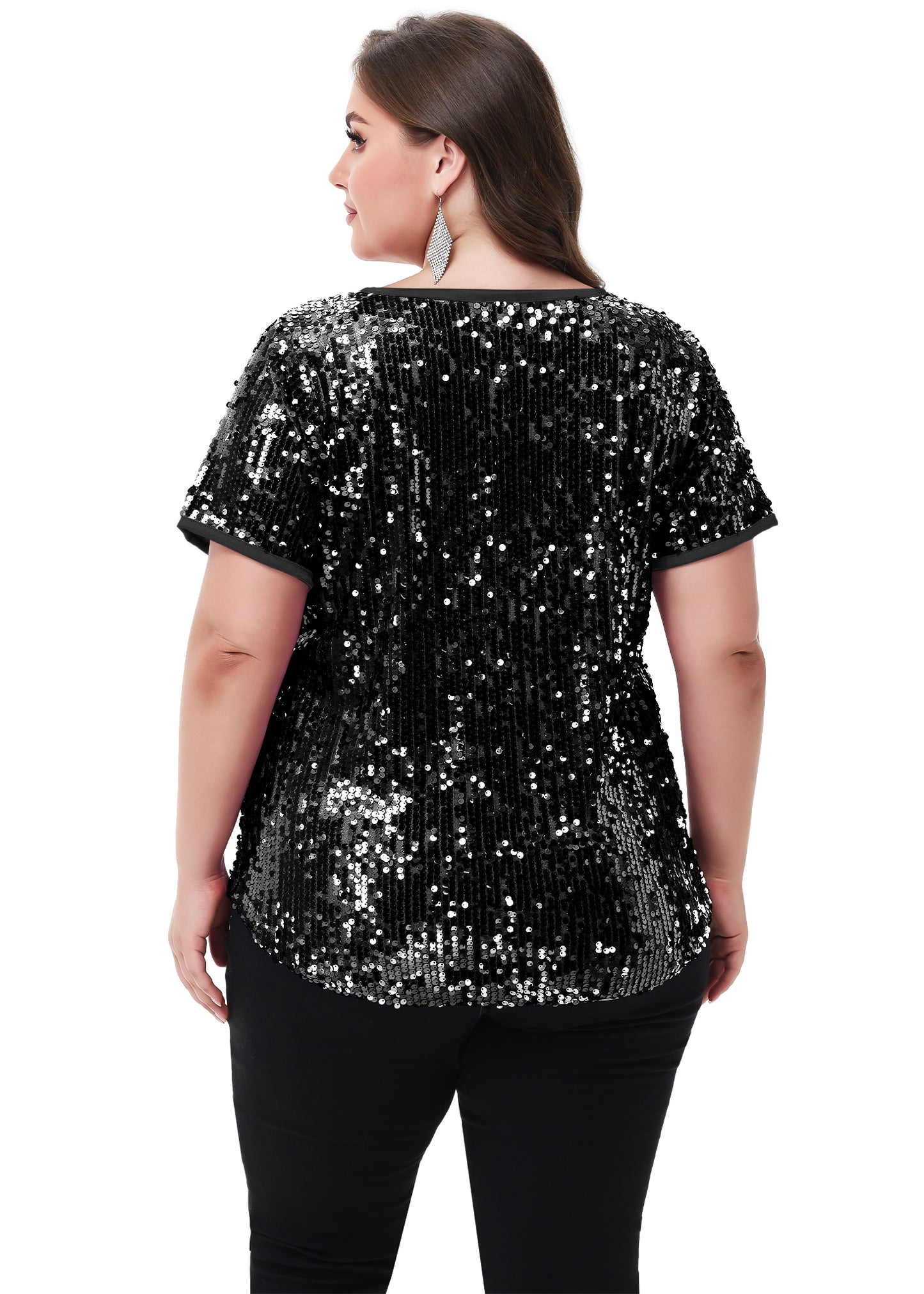 Anna-Kaci Womens Sequin Tops Plus Size Round Neck Sparkle Glitter Short Sleeve Party Tunic Blouse
