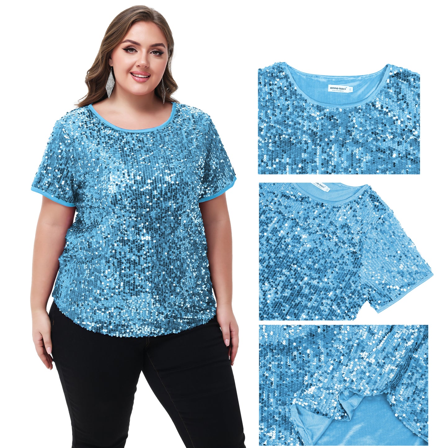 Anna-Kaci Womens Sequin Tops Plus Size Round Neck Sparkle Glitter Short Sleeve Party Tunic Blouse