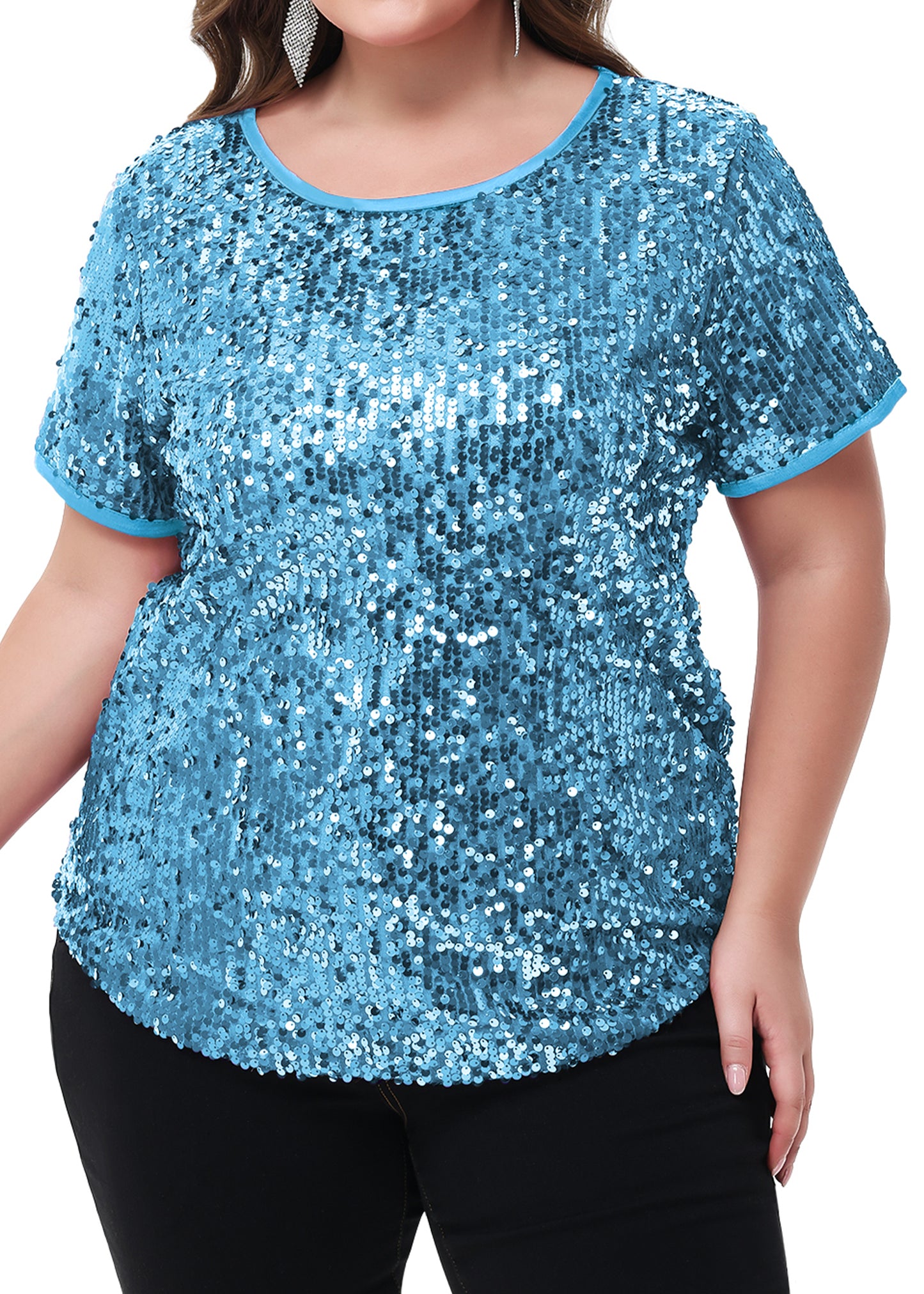 Anna-Kaci Womens Sequin Tops Plus Size Round Neck Sparkle Glitter Short Sleeve Party Tunic Blouse
