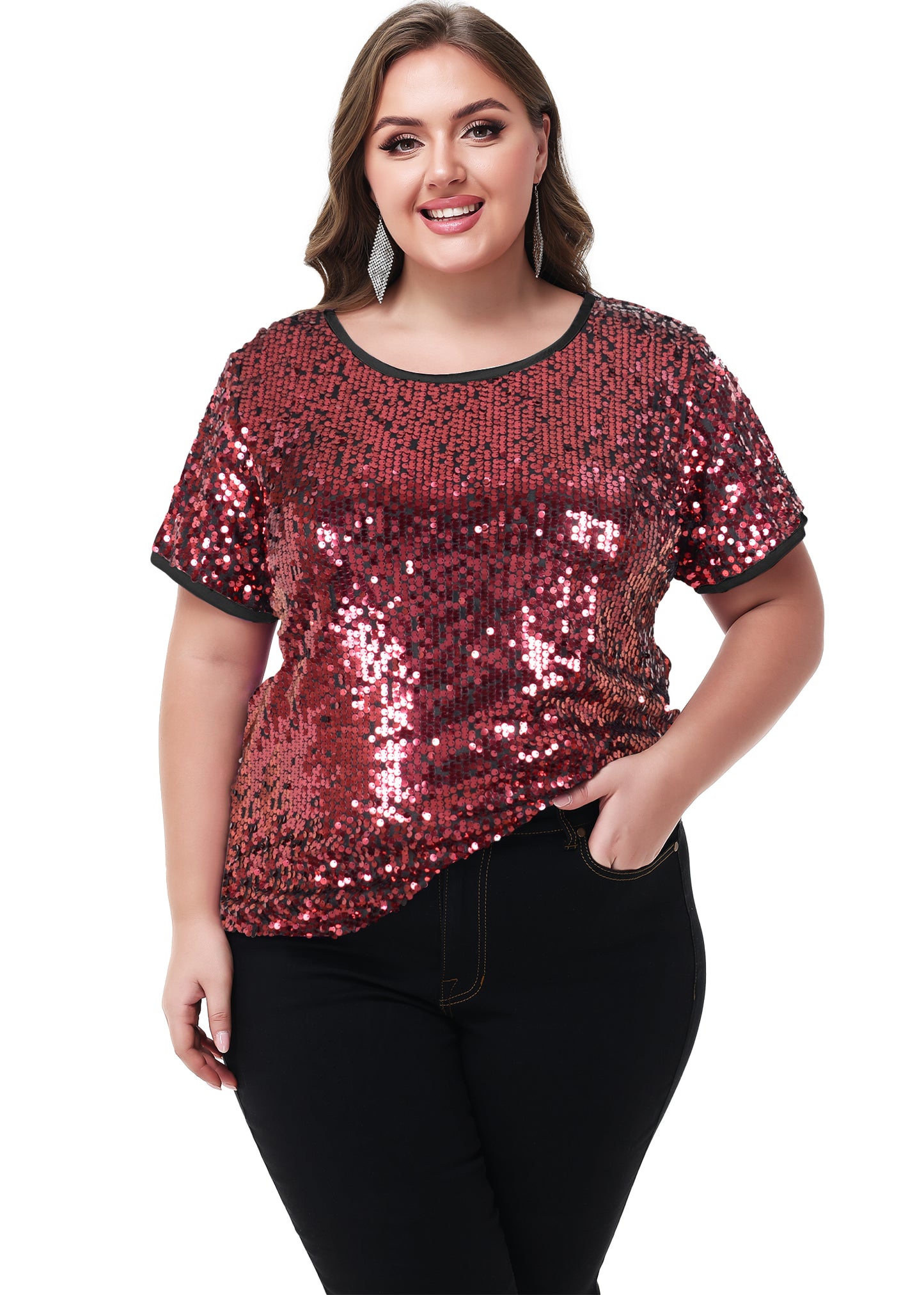 Anna-Kaci Womens Sequin Tops Plus Size Round Neck Sparkle Glitter Short Sleeve Party Tunic Blouse