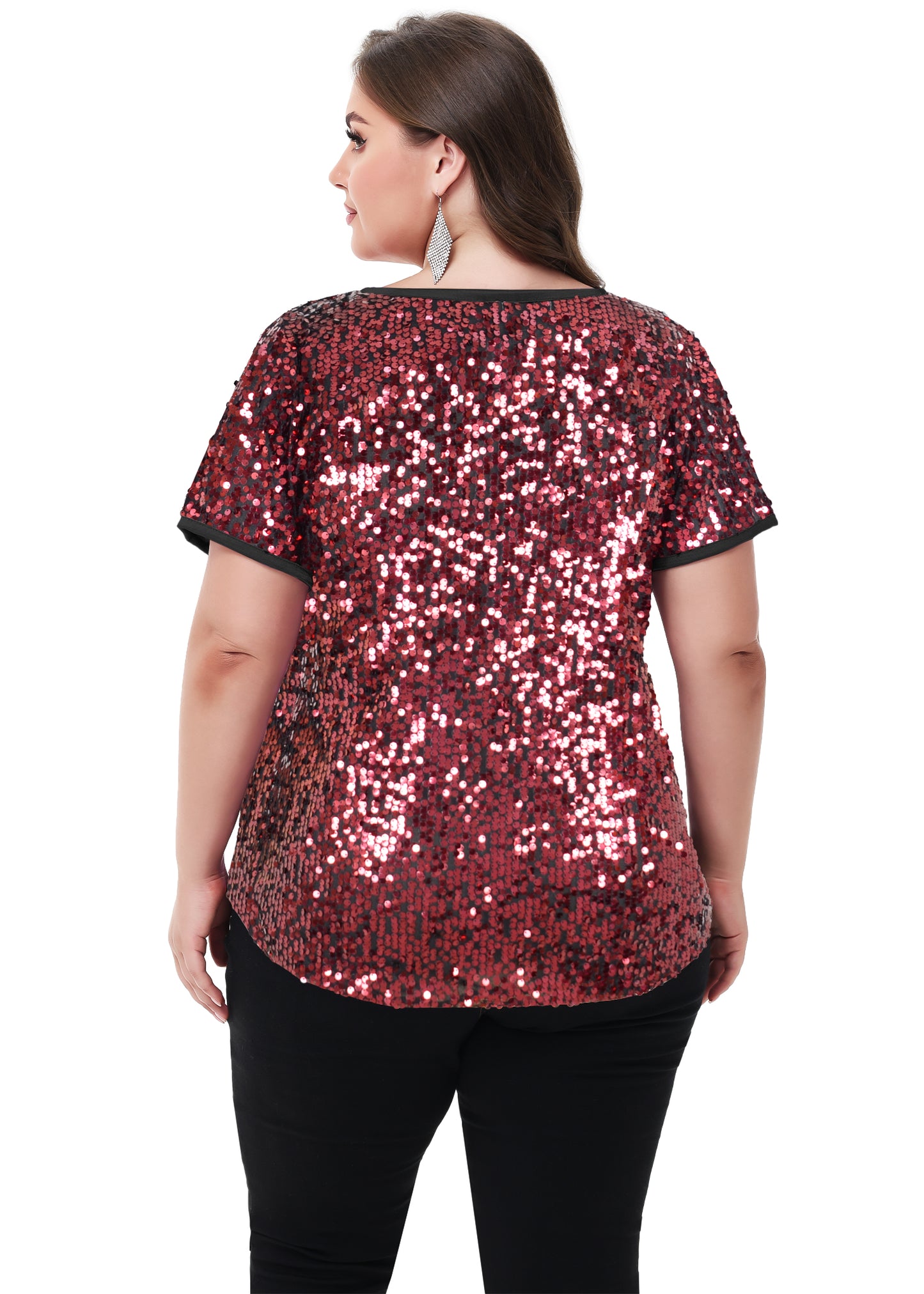 Anna-Kaci Womens Sequin Tops Plus Size Round Neck Sparkle Glitter Short Sleeve Party Tunic Blouse
