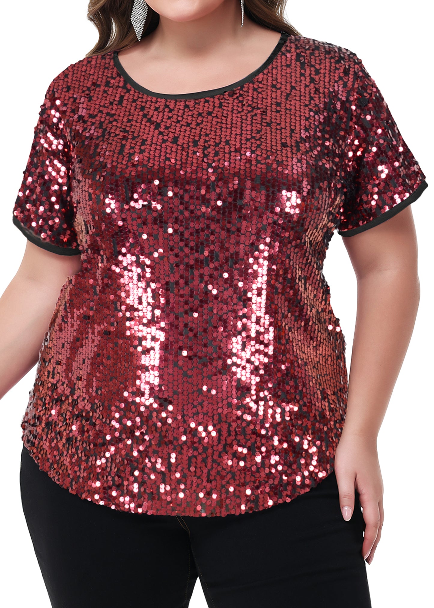 Anna-Kaci Womens Sequin Tops Plus Size Round Neck Sparkle Glitter Short Sleeve Party Tunic Blouse
