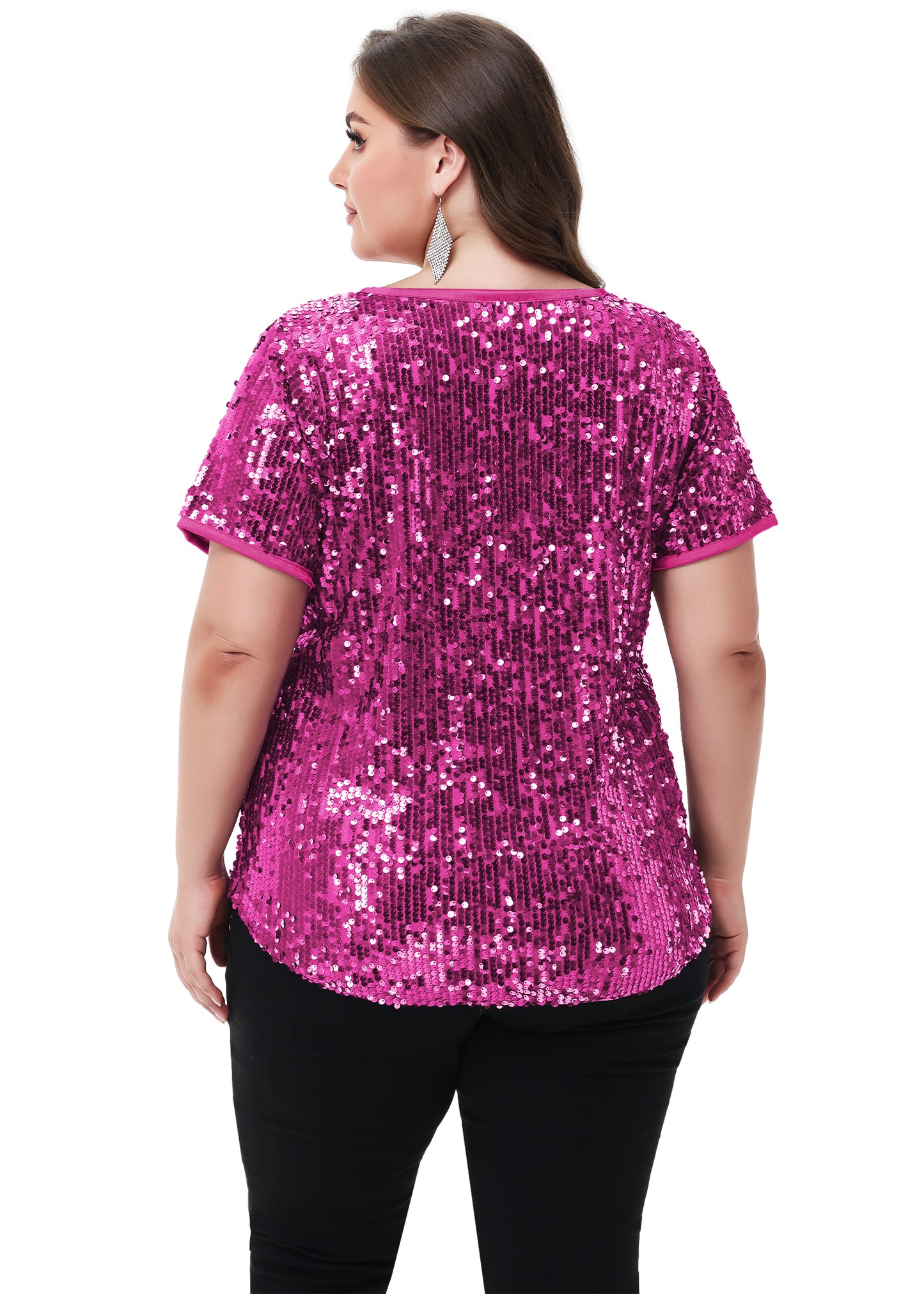 Anna-Kaci Womens Sequin Tops Plus Size Round Neck Sparkle Glitter Short Sleeve Party Tunic Blouse