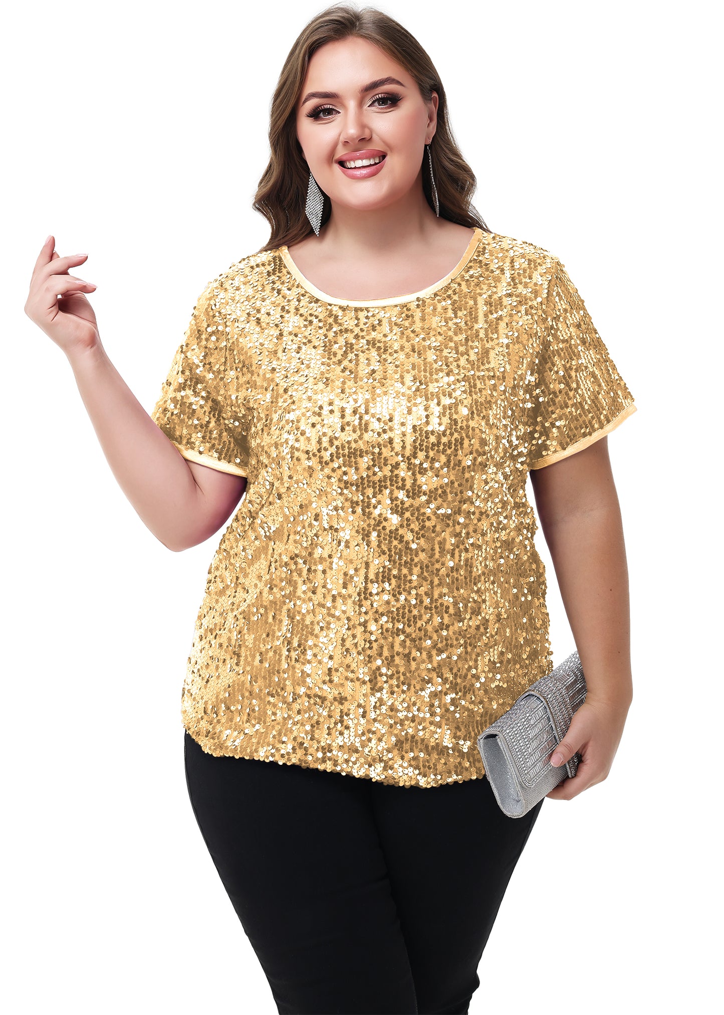 Anna-Kaci Womens Sequin Tops Plus Size Round Neck Sparkle Glitter Short Sleeve Party Tunic Blouse