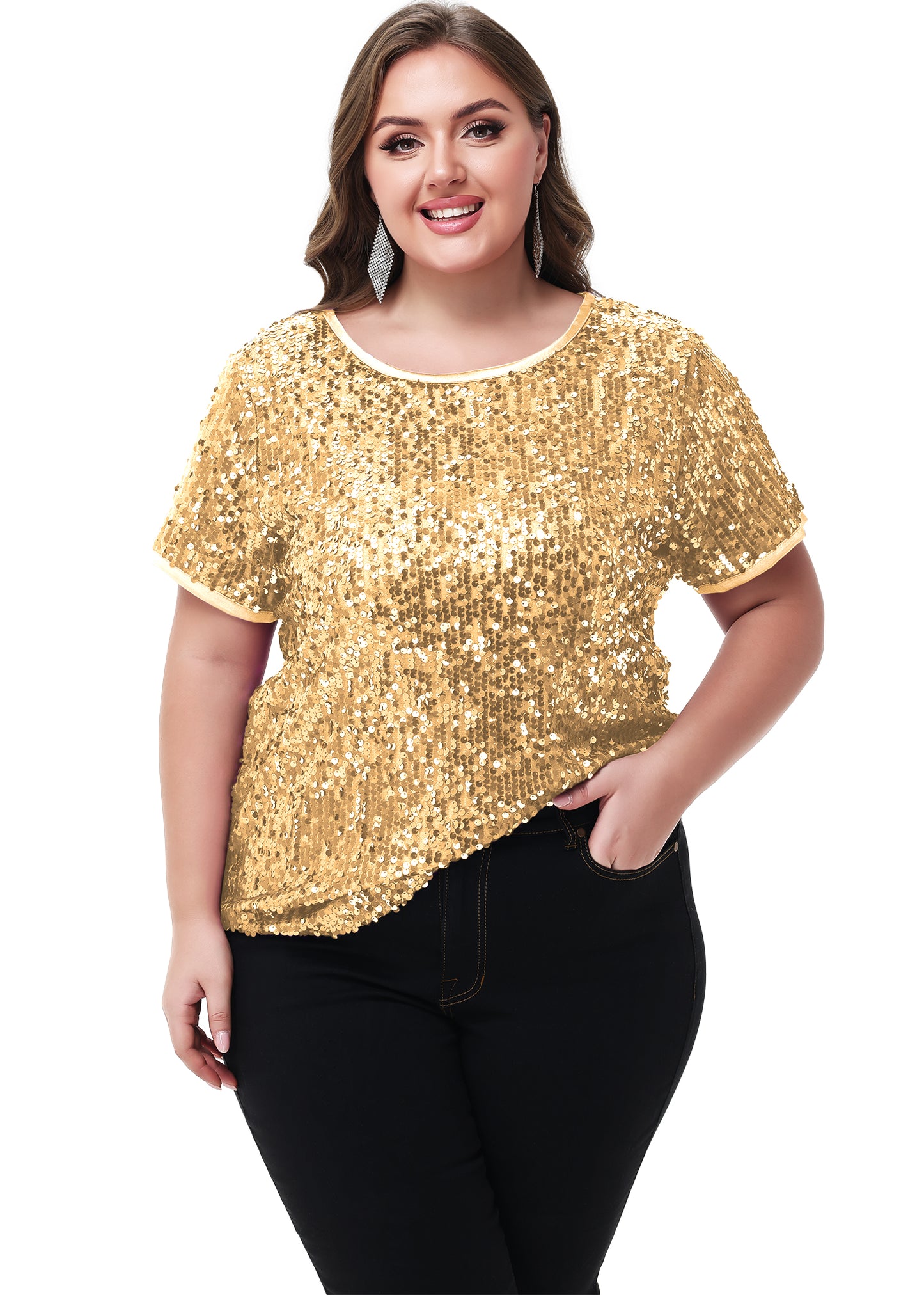 Anna-Kaci Womens Sequin Tops Plus Size Round Neck Sparkle Glitter Short Sleeve Party Tunic Blouse