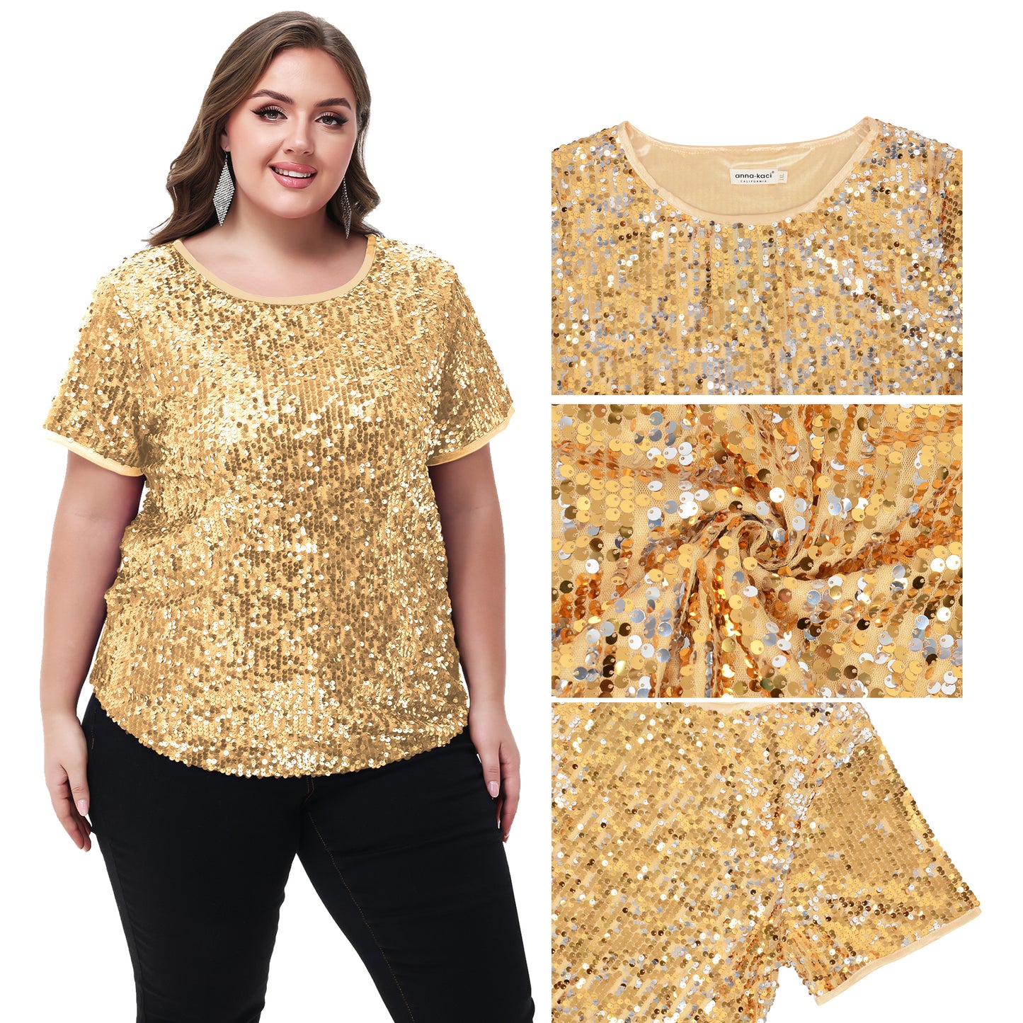 Anna-Kaci Womens Sequin Tops Plus Size Round Neck Sparkle Glitter Short Sleeve Party Tunic Blouse