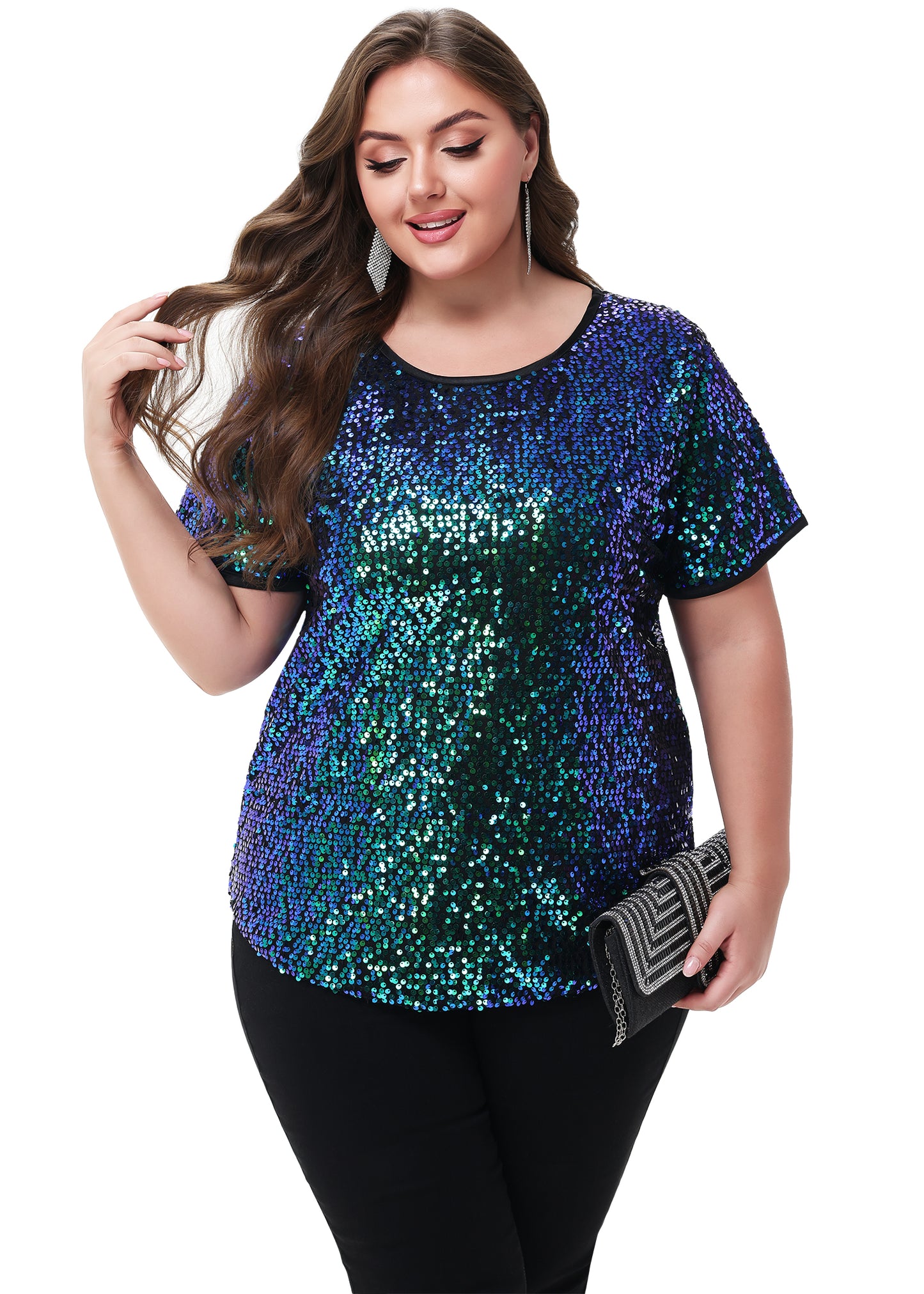 Anna-Kaci Womens Sequin Tops Plus Size Round Neck Sparkle Glitter Short Sleeve Party Tunic Blouse