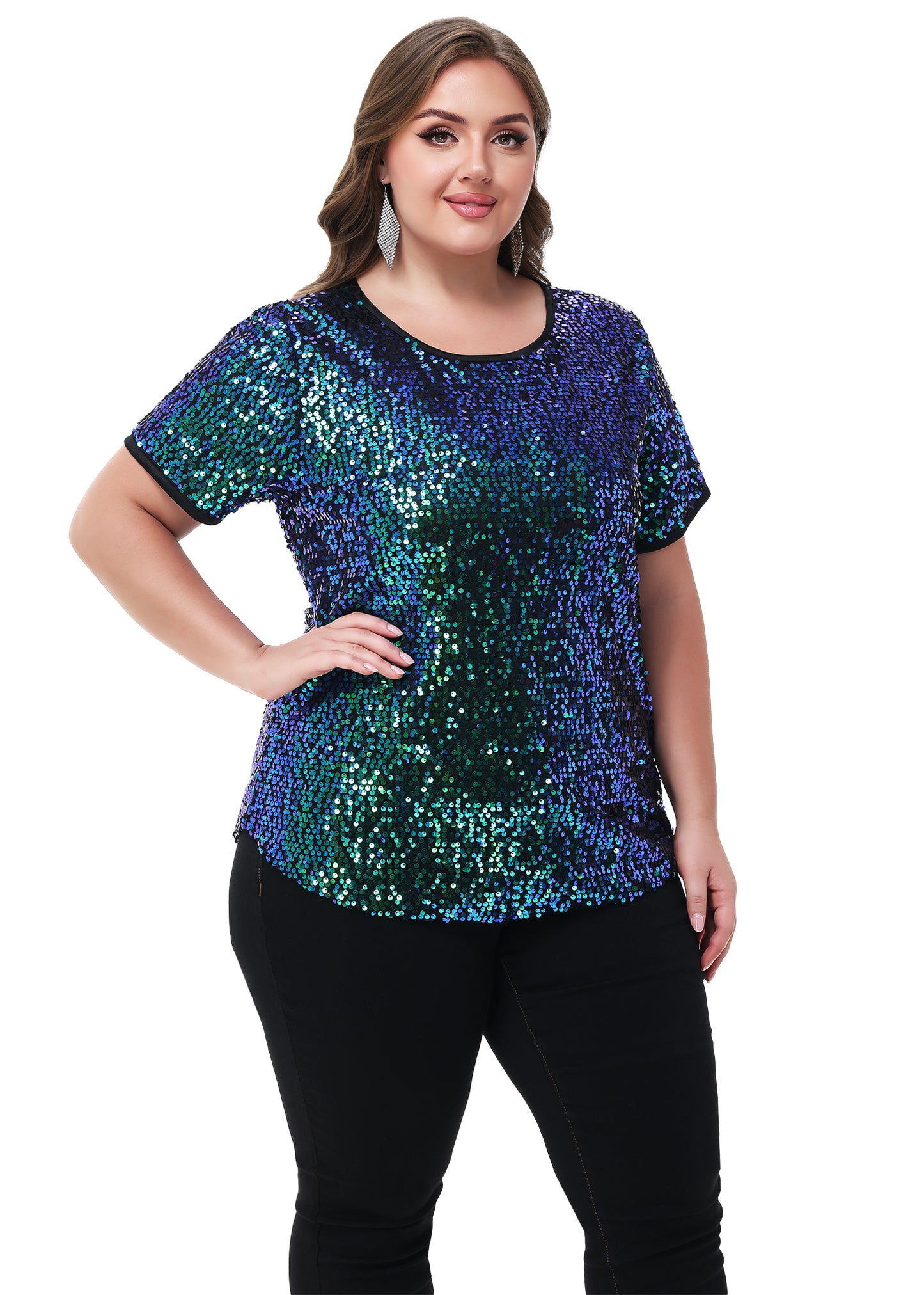 Anna-Kaci Womens Sequin Tops Plus Size Round Neck Sparkle Glitter Short Sleeve Party Tunic Blouse