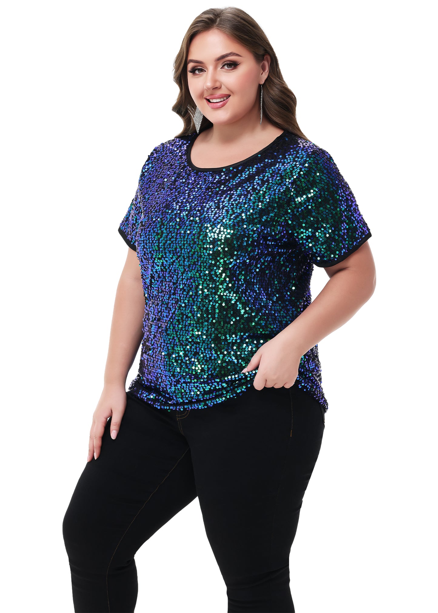 Anna-Kaci Womens Sequin Tops Plus Size Round Neck Sparkle Glitter Short Sleeve Party Tunic Blouse