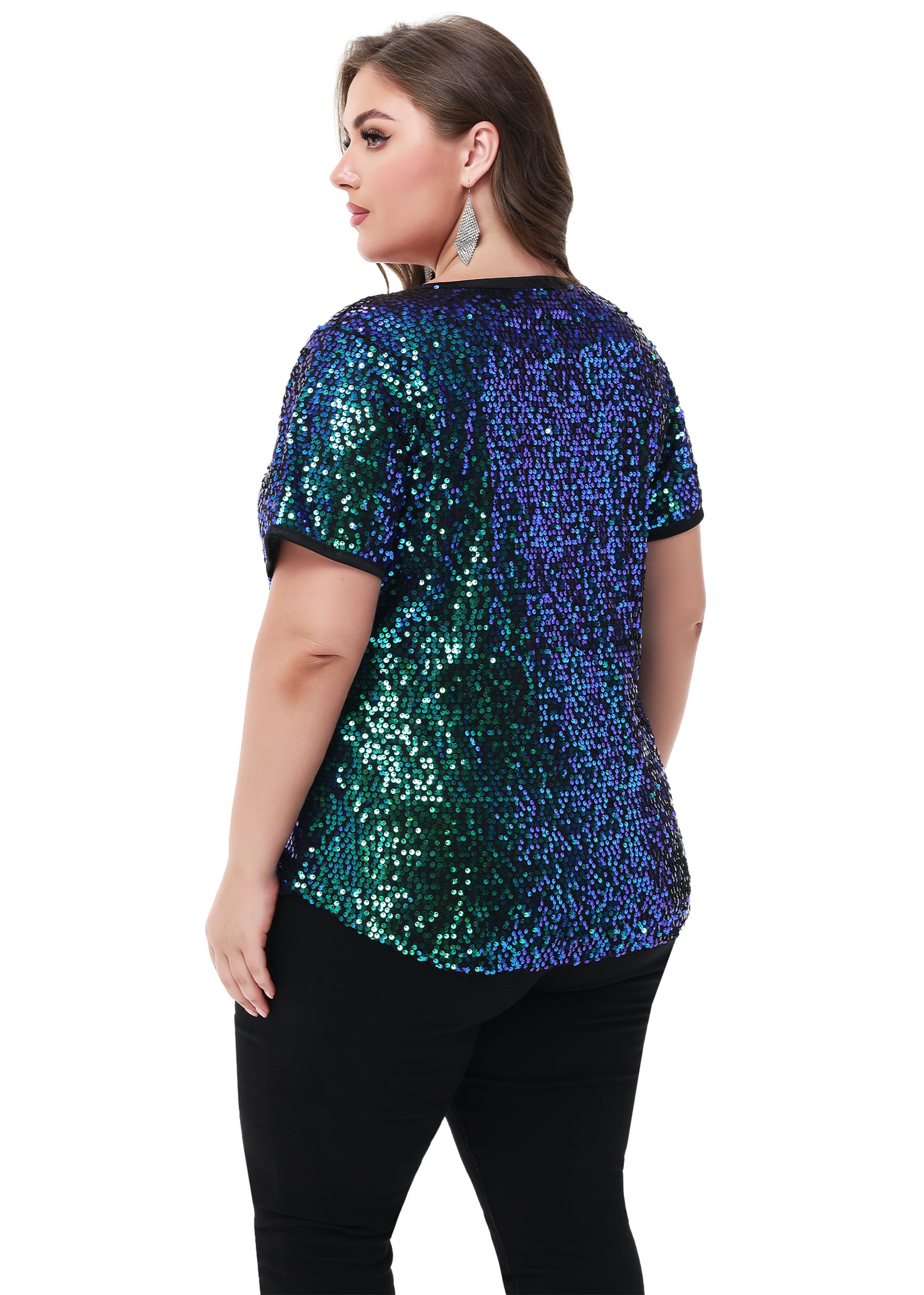 Anna-Kaci Womens Sequin Tops Plus Size Round Neck Sparkle Glitter Short Sleeve Party Tunic Blouse