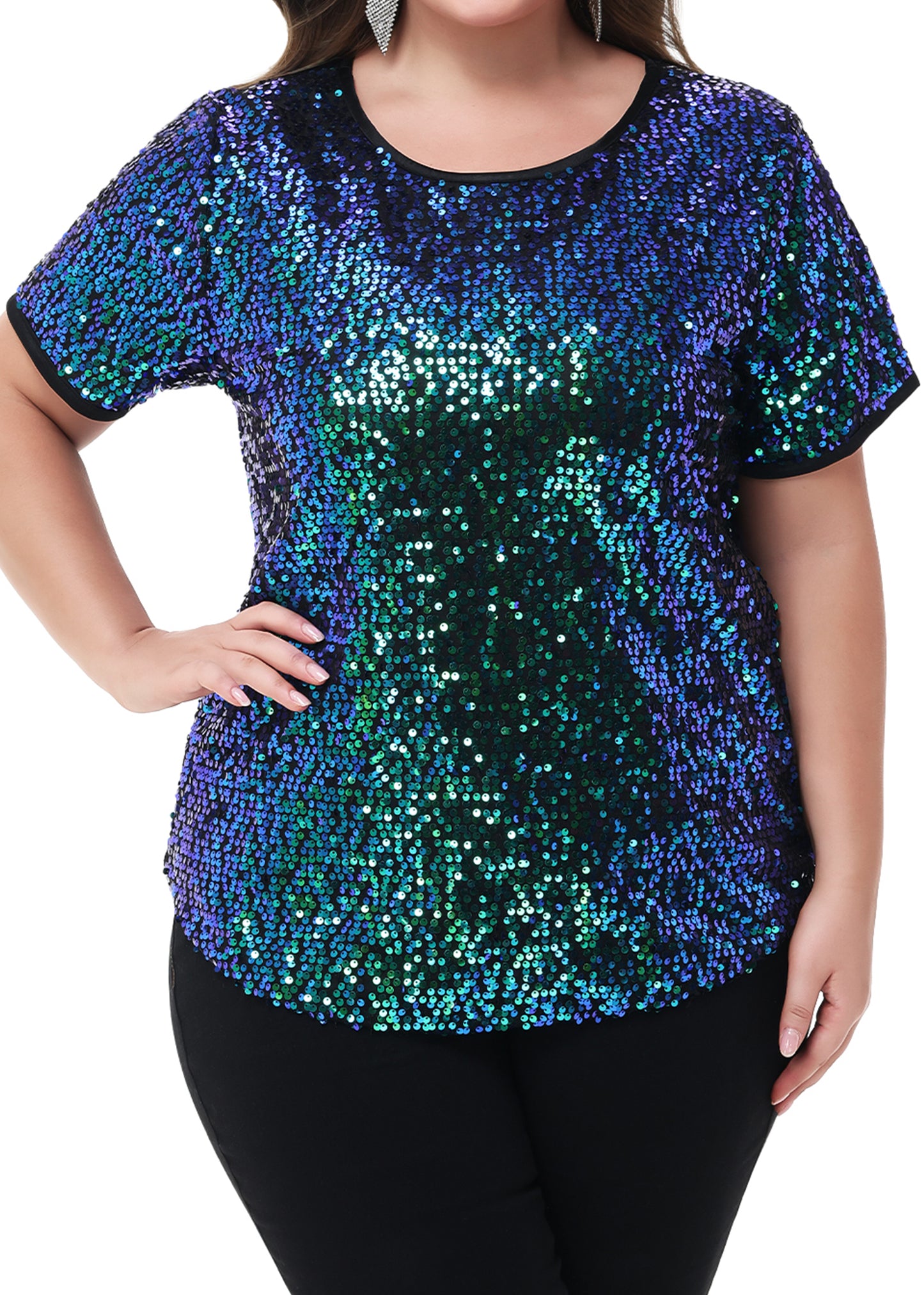 Anna-Kaci Womens Sequin Tops Plus Size Round Neck Sparkle Glitter Short Sleeve Party Tunic Blouse